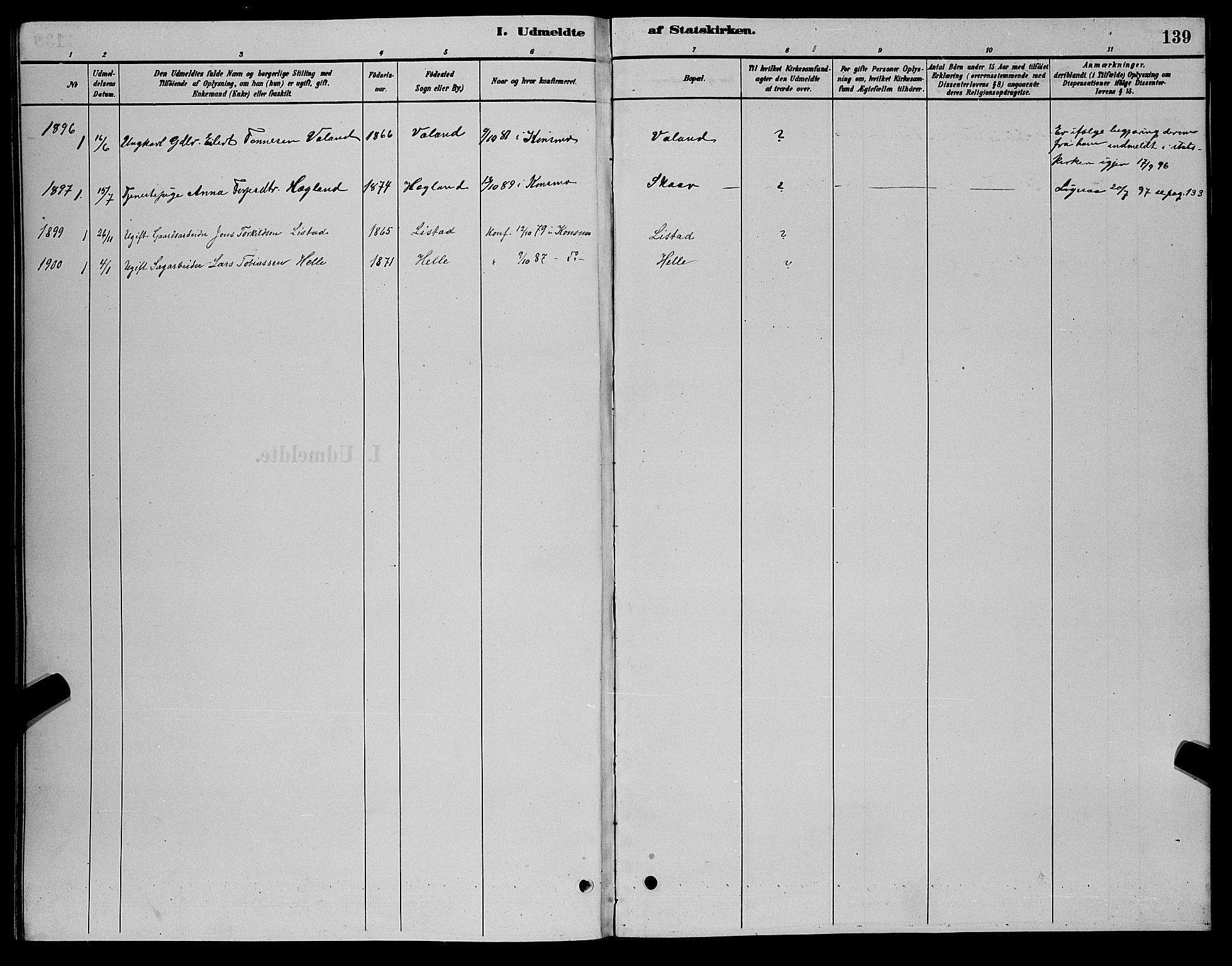 Nord-Audnedal sokneprestkontor, AV/SAK-1111-0032/F/Fb/Fba/L0003: Parish register (copy) no. B 3, 1881-1900, p. 139