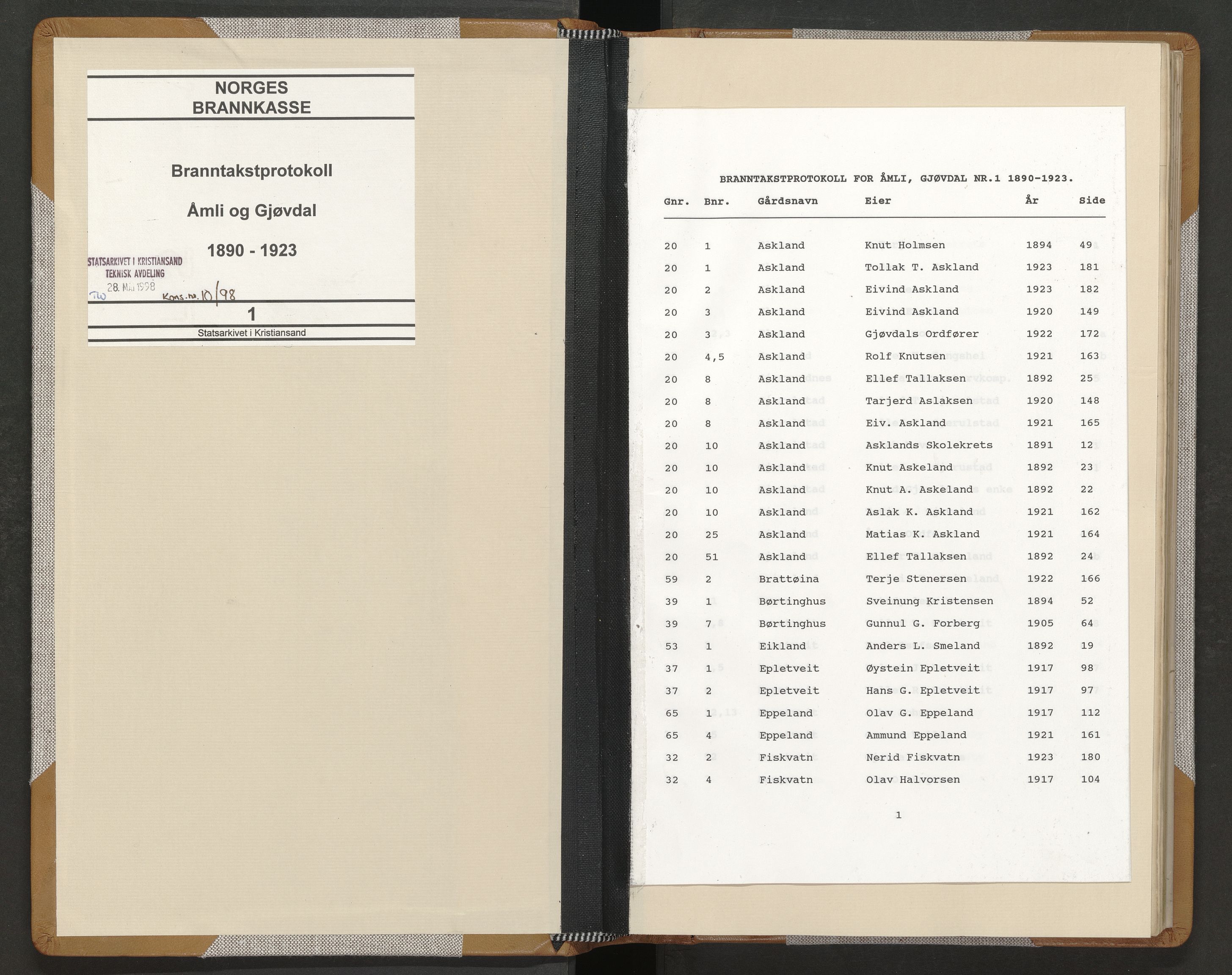 Norges Brannkasse Åmli og Gjøvdal, SAK/2241-0061/F/Fa/L0001: Branntakstprotokoll nr. 1 med gårdsnavnregister, 1890-1923