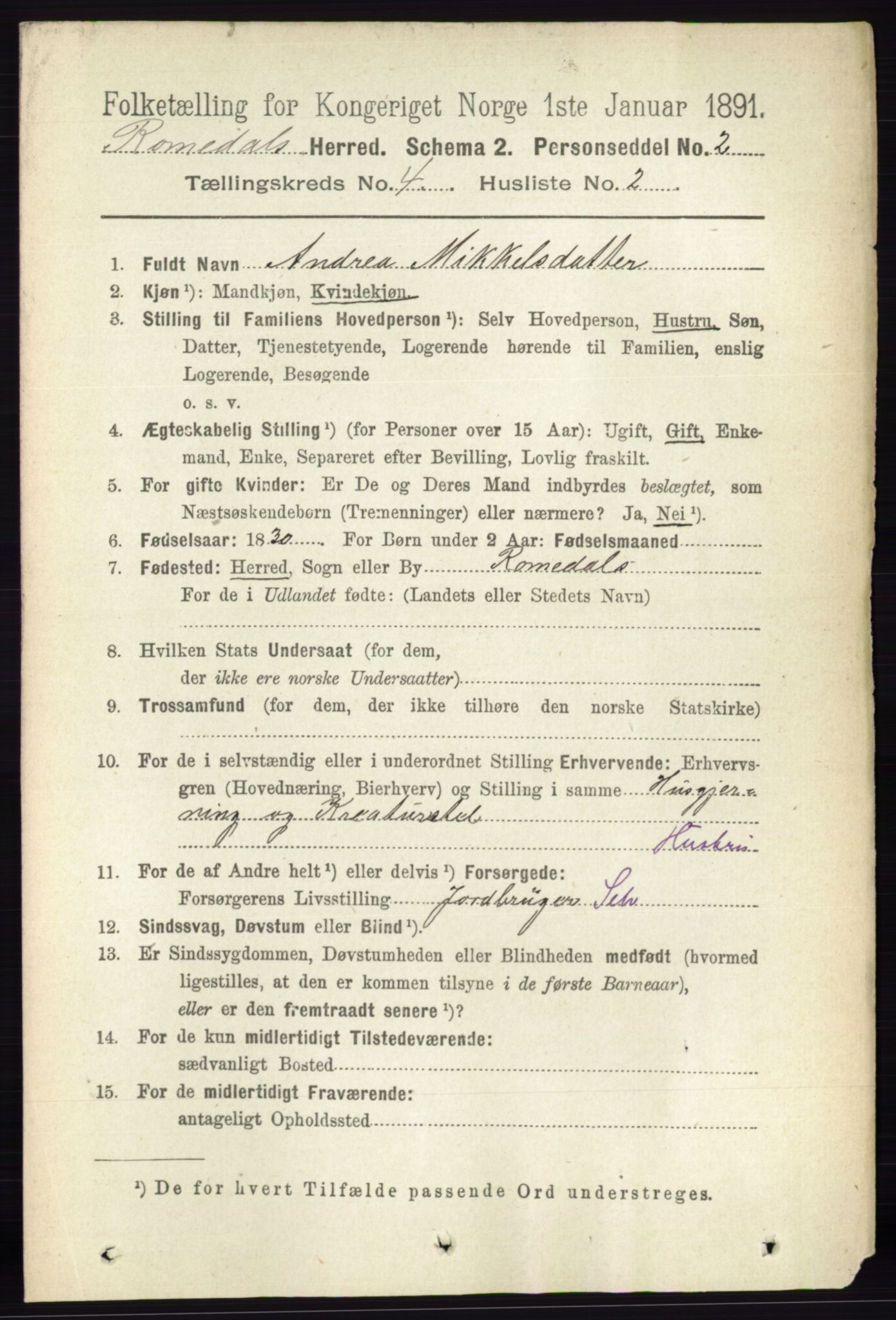 RA, 1891 census for 0416 Romedal, 1891, p. 1970