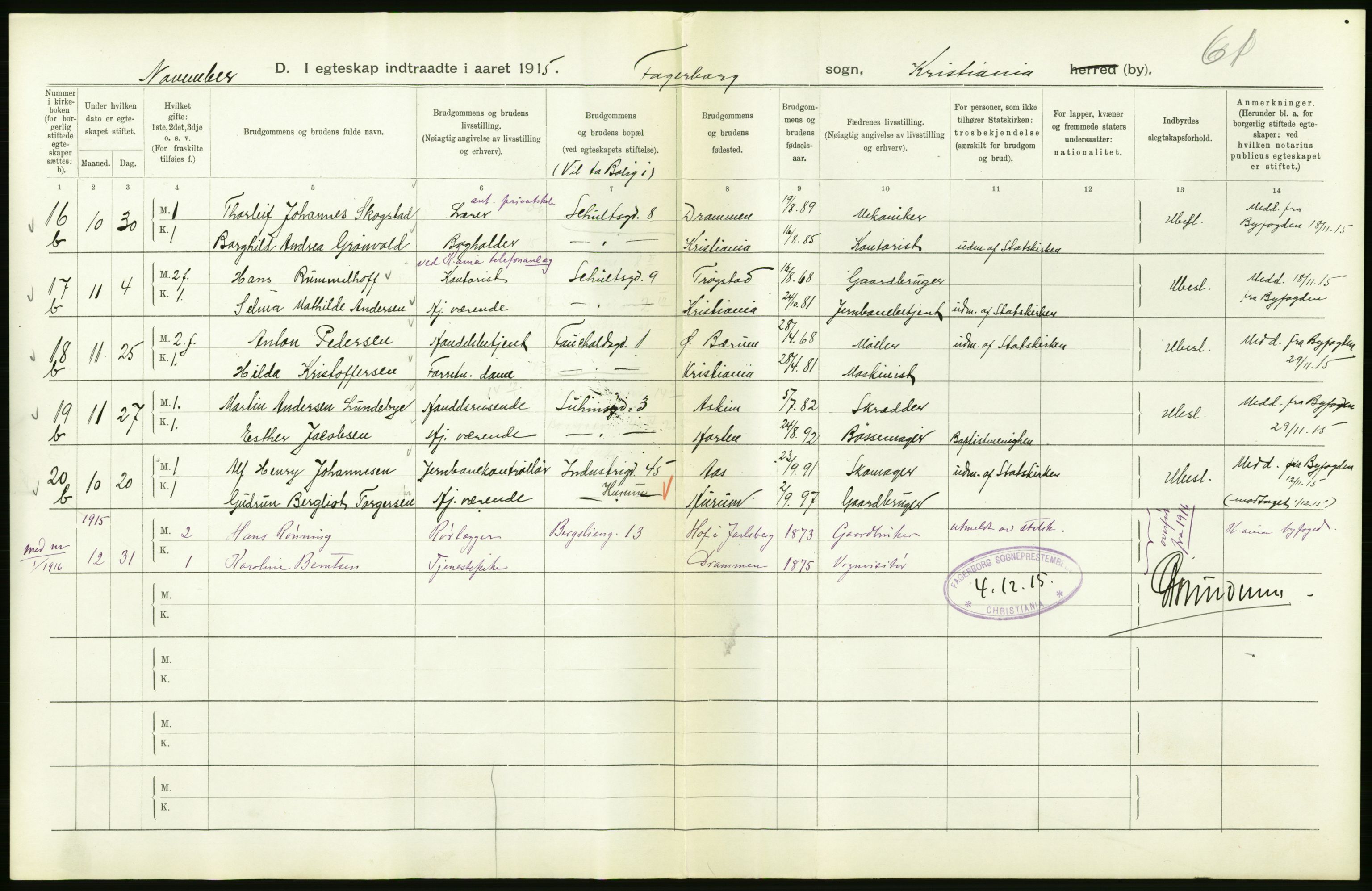 Statistisk sentralbyrå, Sosiodemografiske emner, Befolkning, RA/S-2228/D/Df/Dfb/Dfbe/L0008: Kristiania: Gifte., 1915, p. 290