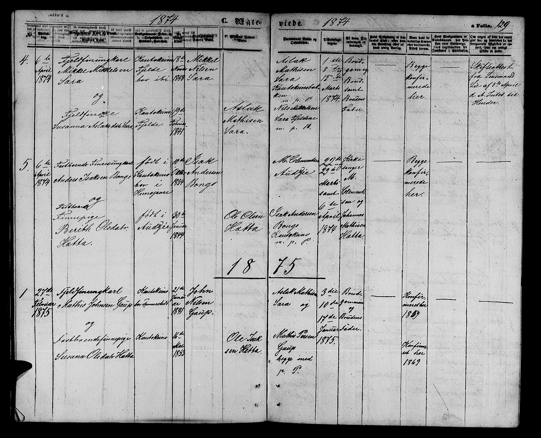 Kautokeino sokneprestembete, SATØ/S-1340/H/Hb/L0001.klokk: Parish register (copy) no. 1, 1862-1878, p. 129