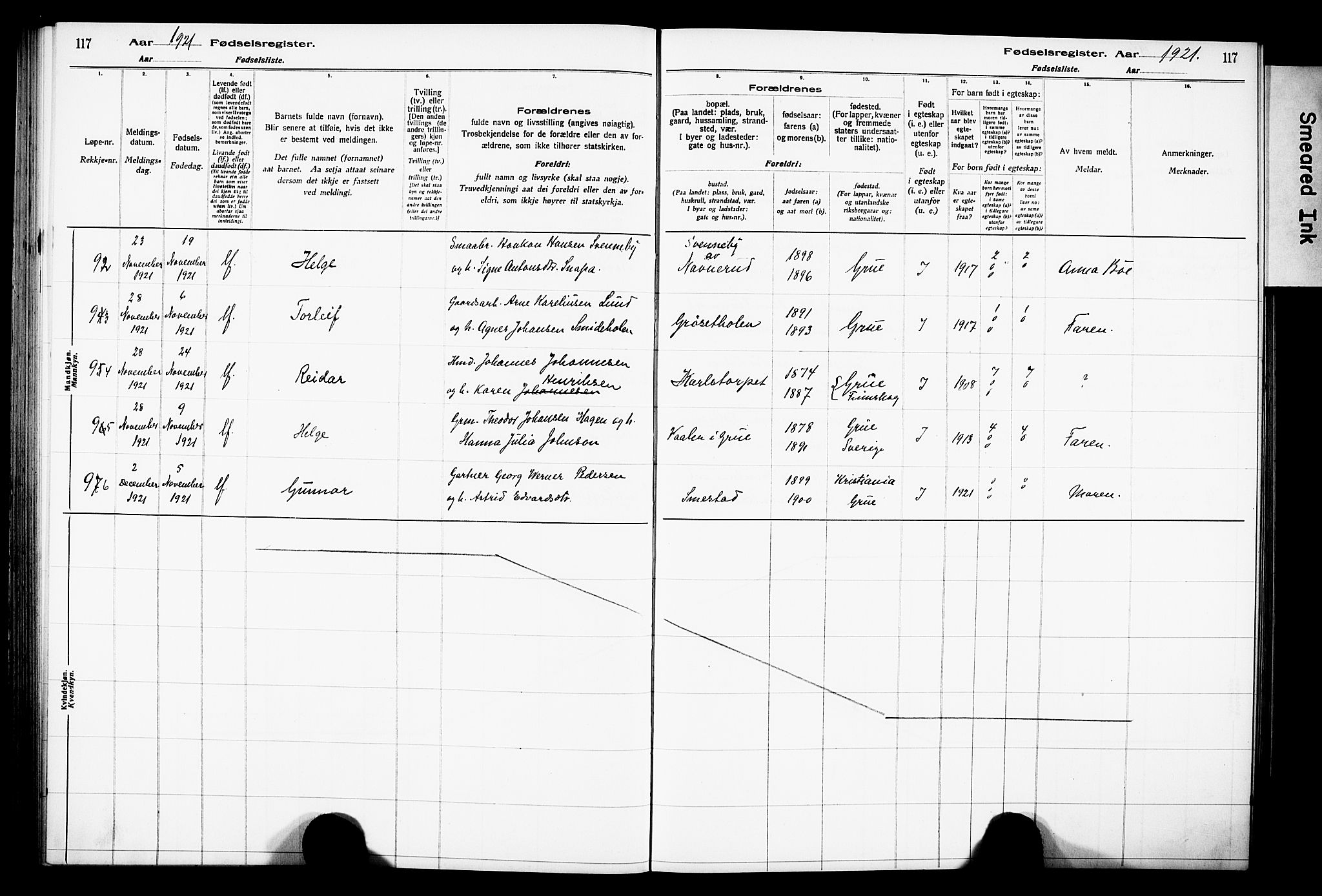 Grue prestekontor, AV/SAH-PREST-036/I/Id/Ida/L0001: Birth register no. I 1, 1916-1926, p. 117