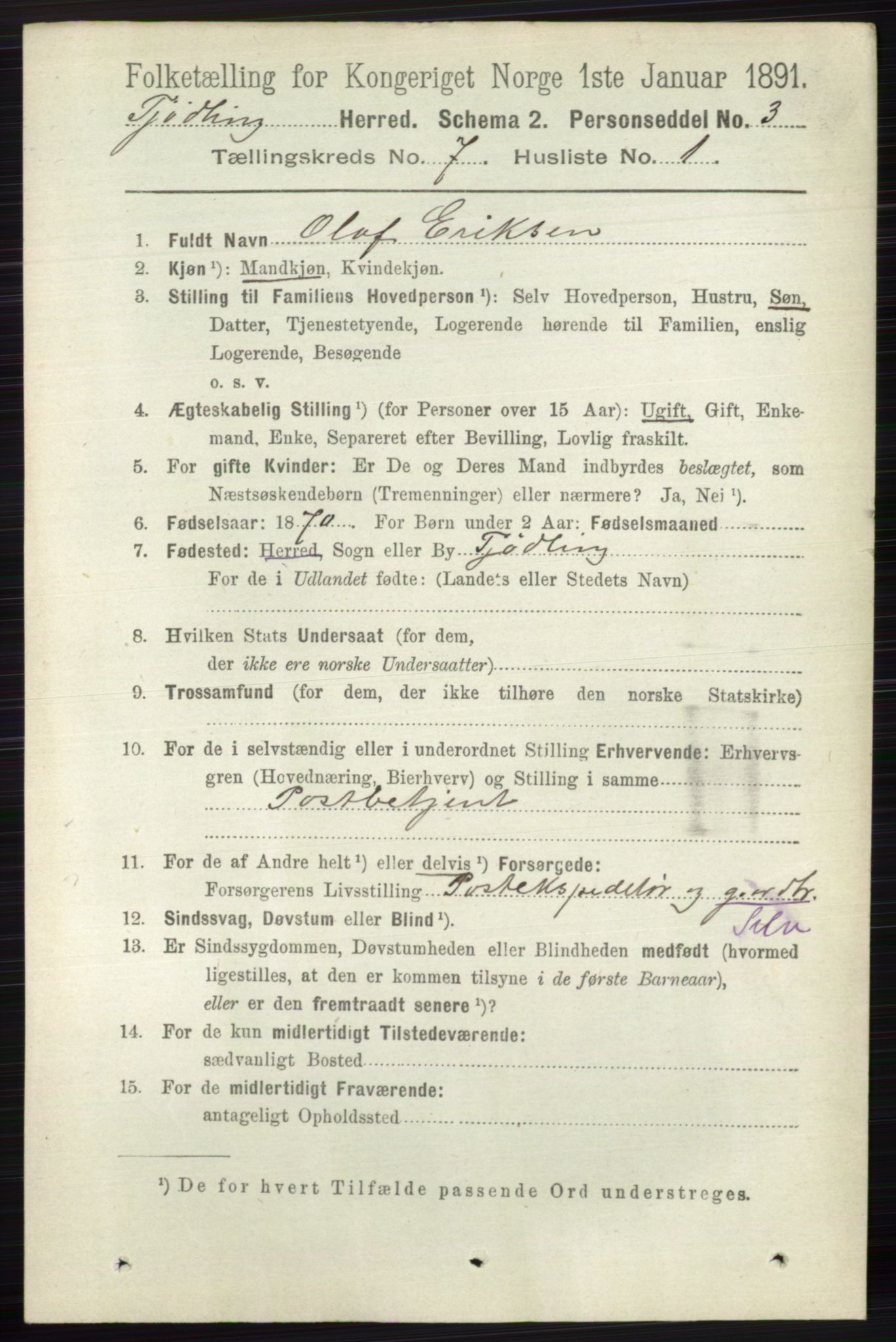 RA, 1891 census for 0725 Tjølling, 1891, p. 3669