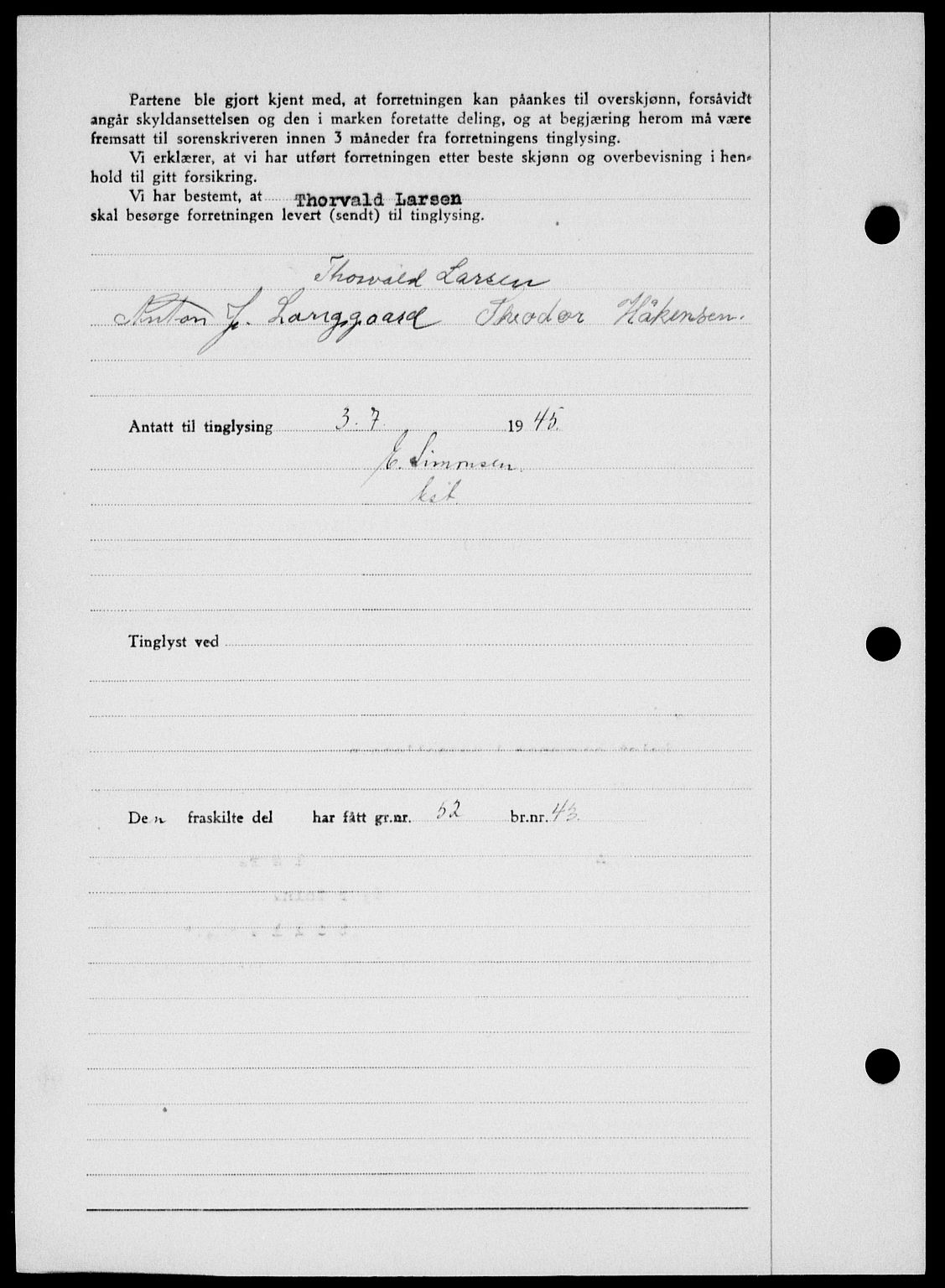 Onsøy sorenskriveri, SAO/A-10474/G/Ga/Gab/L0014: Mortgage book no. II A-14, 1944-1945, Diary no: : 1009/1945
