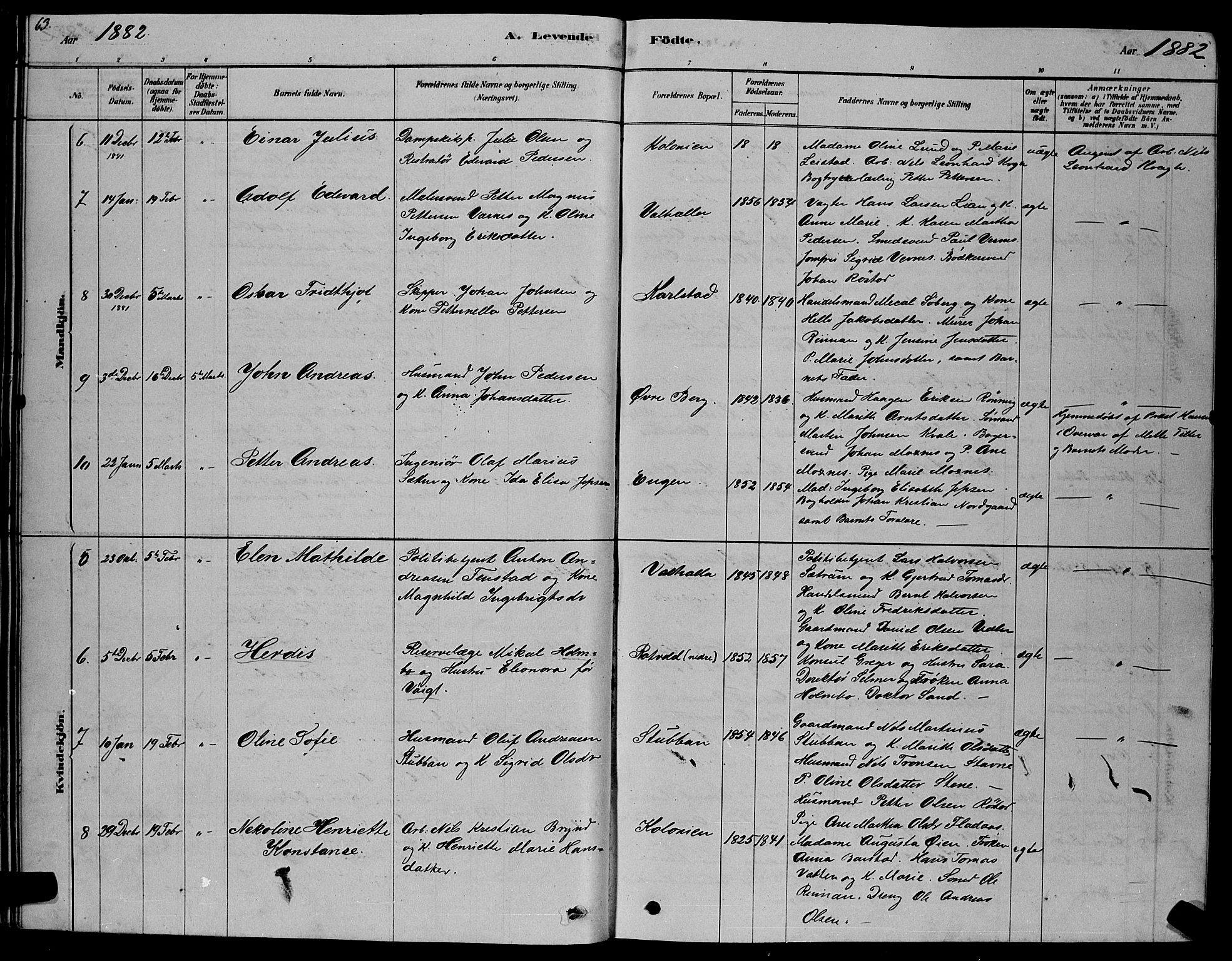 Ministerialprotokoller, klokkerbøker og fødselsregistre - Sør-Trøndelag, AV/SAT-A-1456/606/L0312: Parish register (copy) no. 606C08, 1878-1894, p. 63