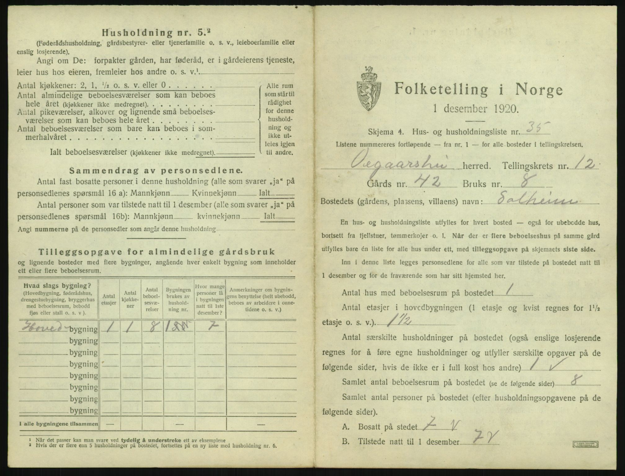 SAK, 1920 census for Vegårshei, 1920, p. 664