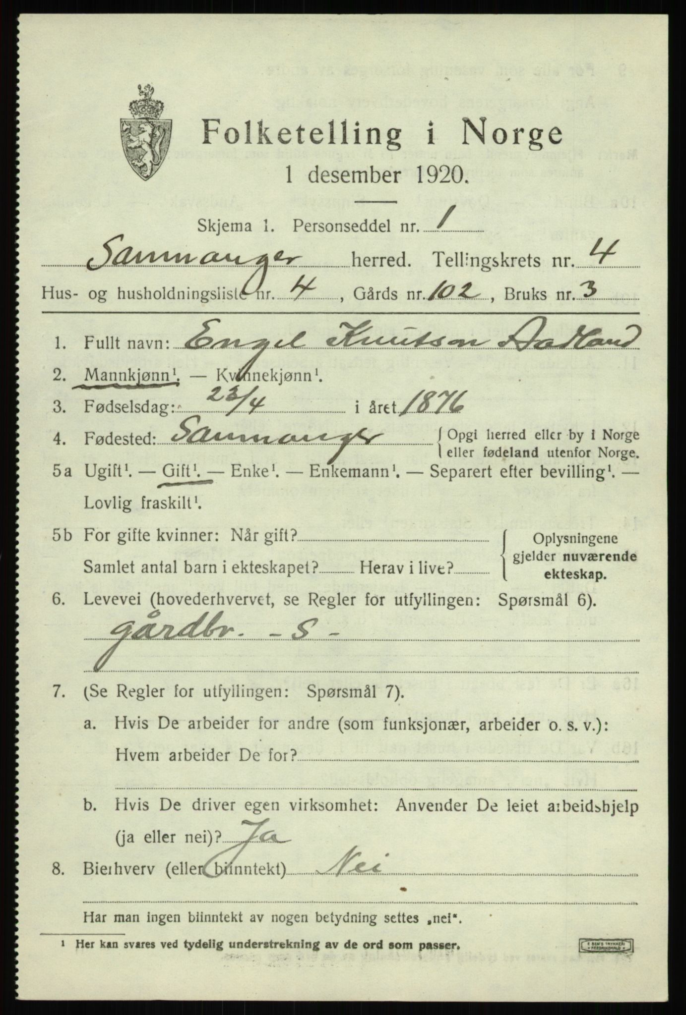 SAB, 1920 census for Samnanger, 1920, p. 1691