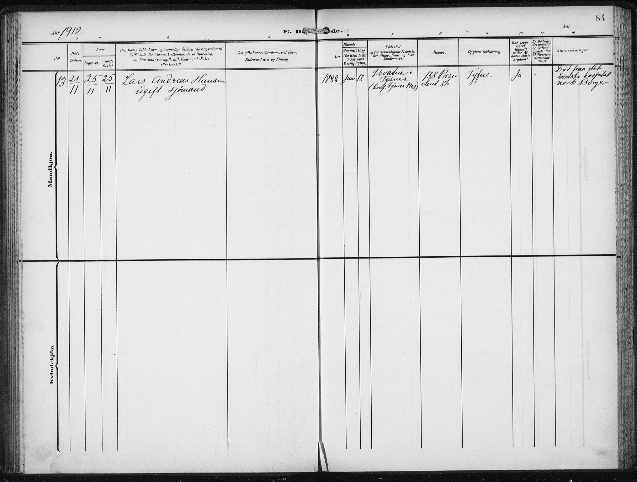 Den norske sjømannsmisjon i utlandet/New York, AV/SAB-SAB/PA-0110/H/Ha/L0006: Parish register (official) no. A 6, 1909-1914, p. 84