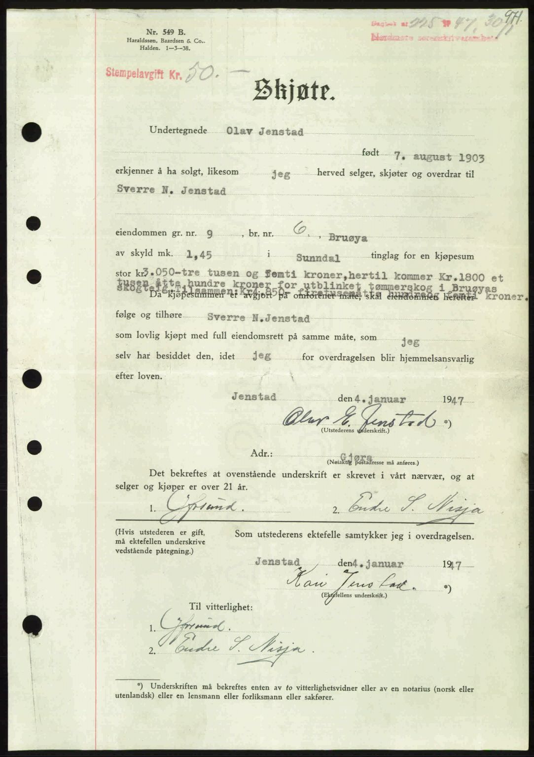 Nordmøre sorenskriveri, AV/SAT-A-4132/1/2/2Ca: Mortgage book no. A103, 1946-1947, Diary no: : 225/1947