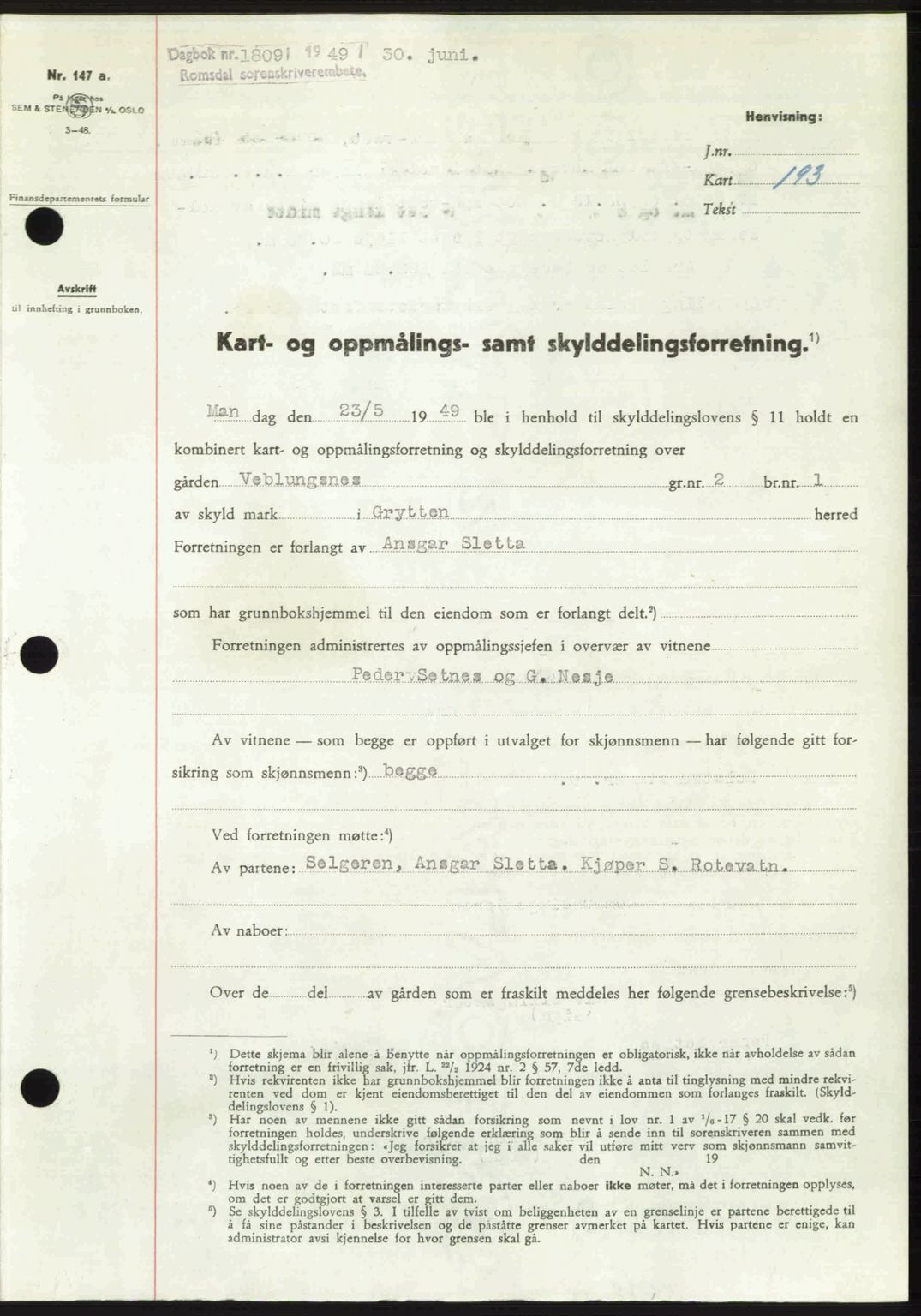 Romsdal sorenskriveri, AV/SAT-A-4149/1/2/2C: Mortgage book no. A30, 1949-1949, Diary no: : 1809/1949