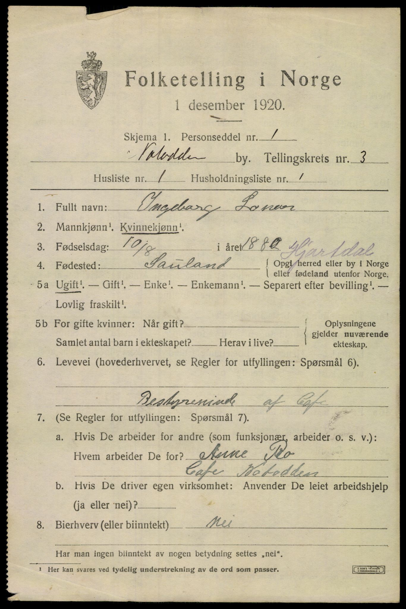 SAKO, 1920 census for Notodden, 1920, p. 8306