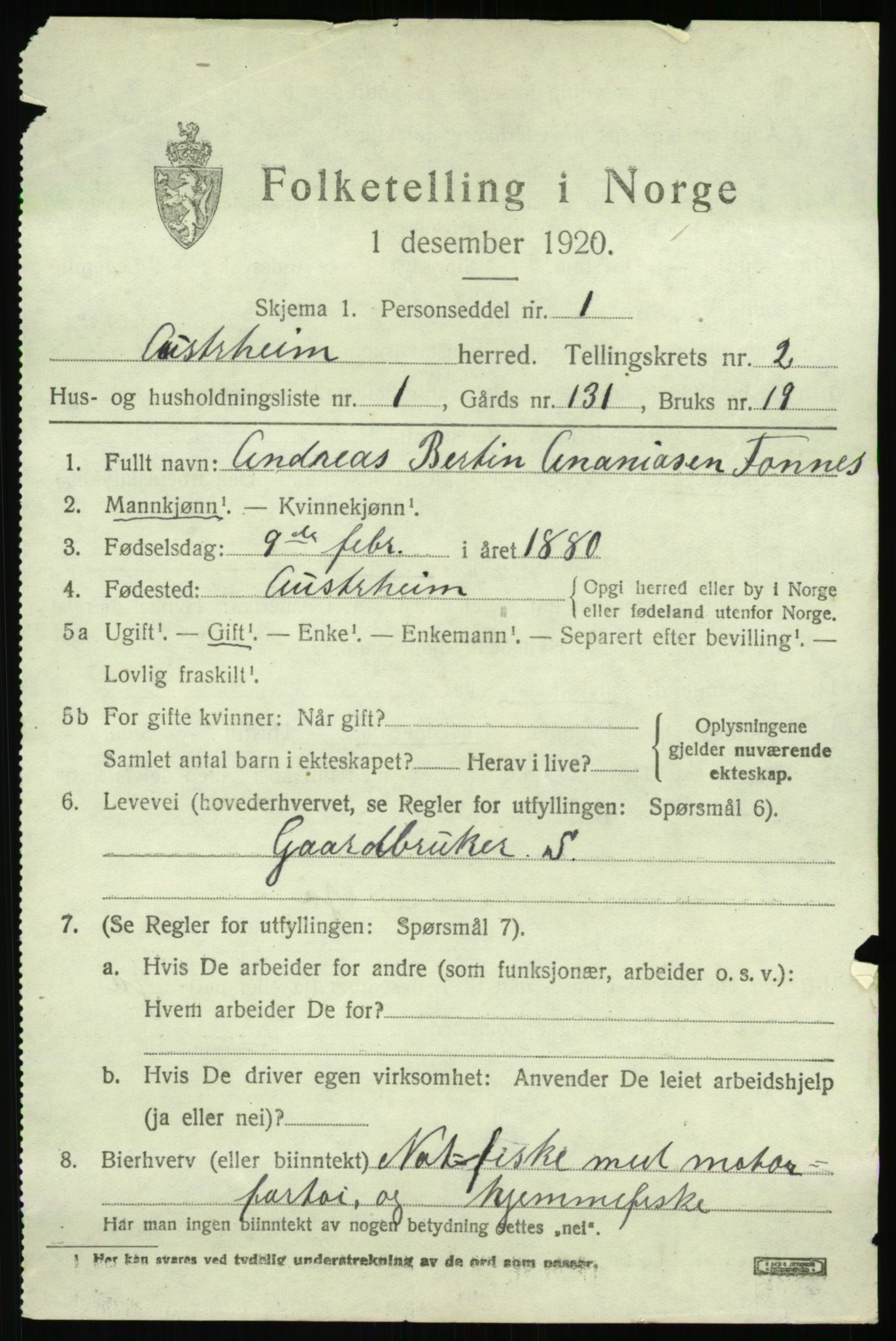 SAB, 1920 census for Austrheim, 1920, p. 1264