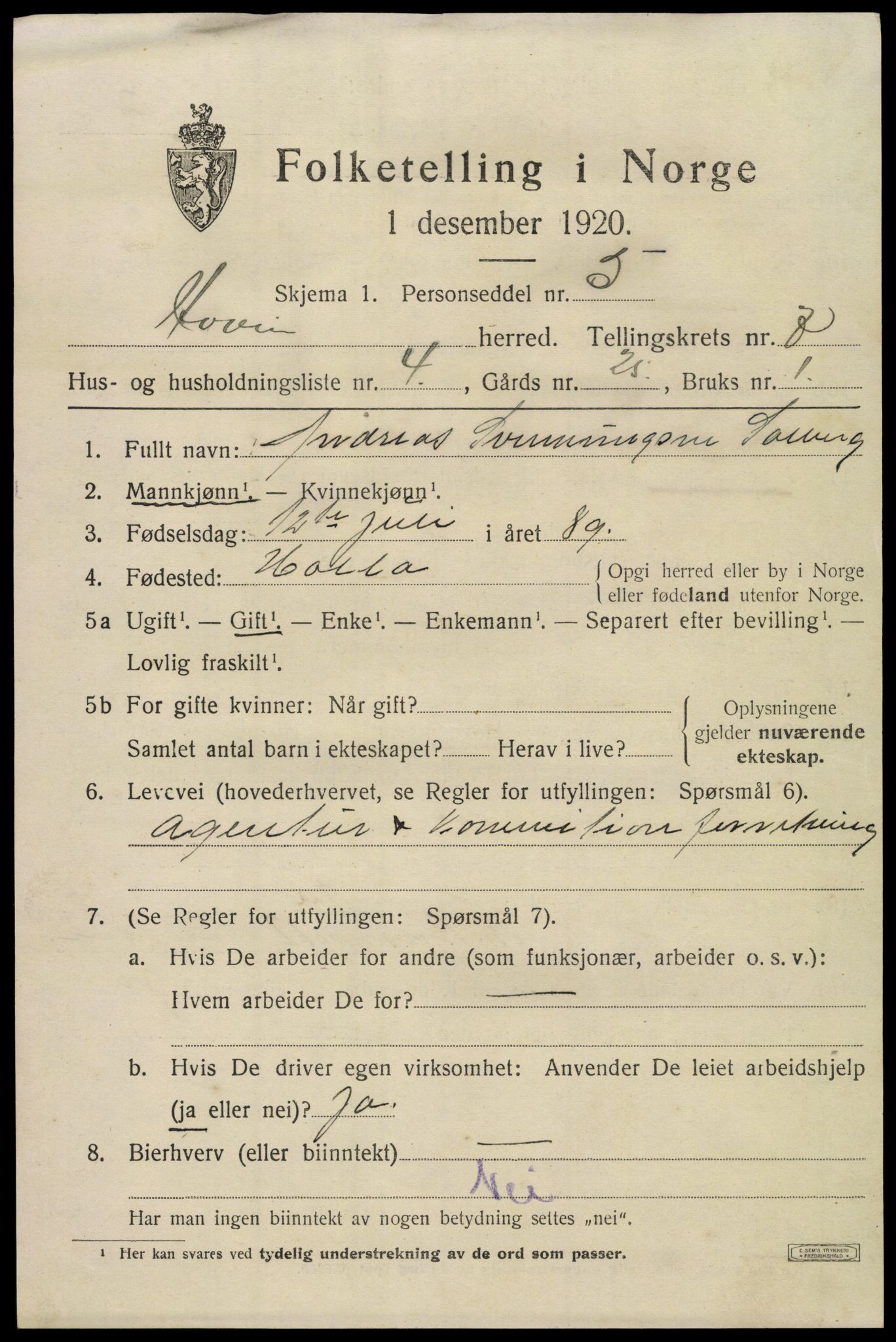 SAKO, 1920 census for Hovin, 1920, p. 1737