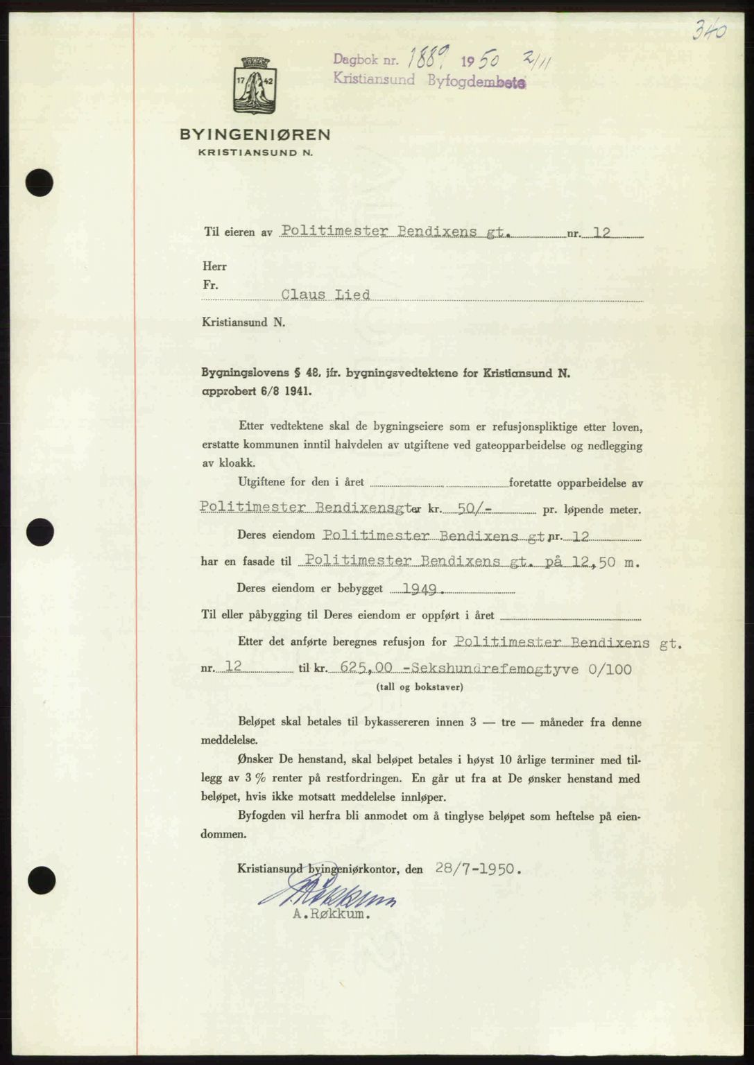 Kristiansund byfogd, AV/SAT-A-4587/A/27: Mortgage book no. 50, 1950-1950, Diary no: : 1889/1950