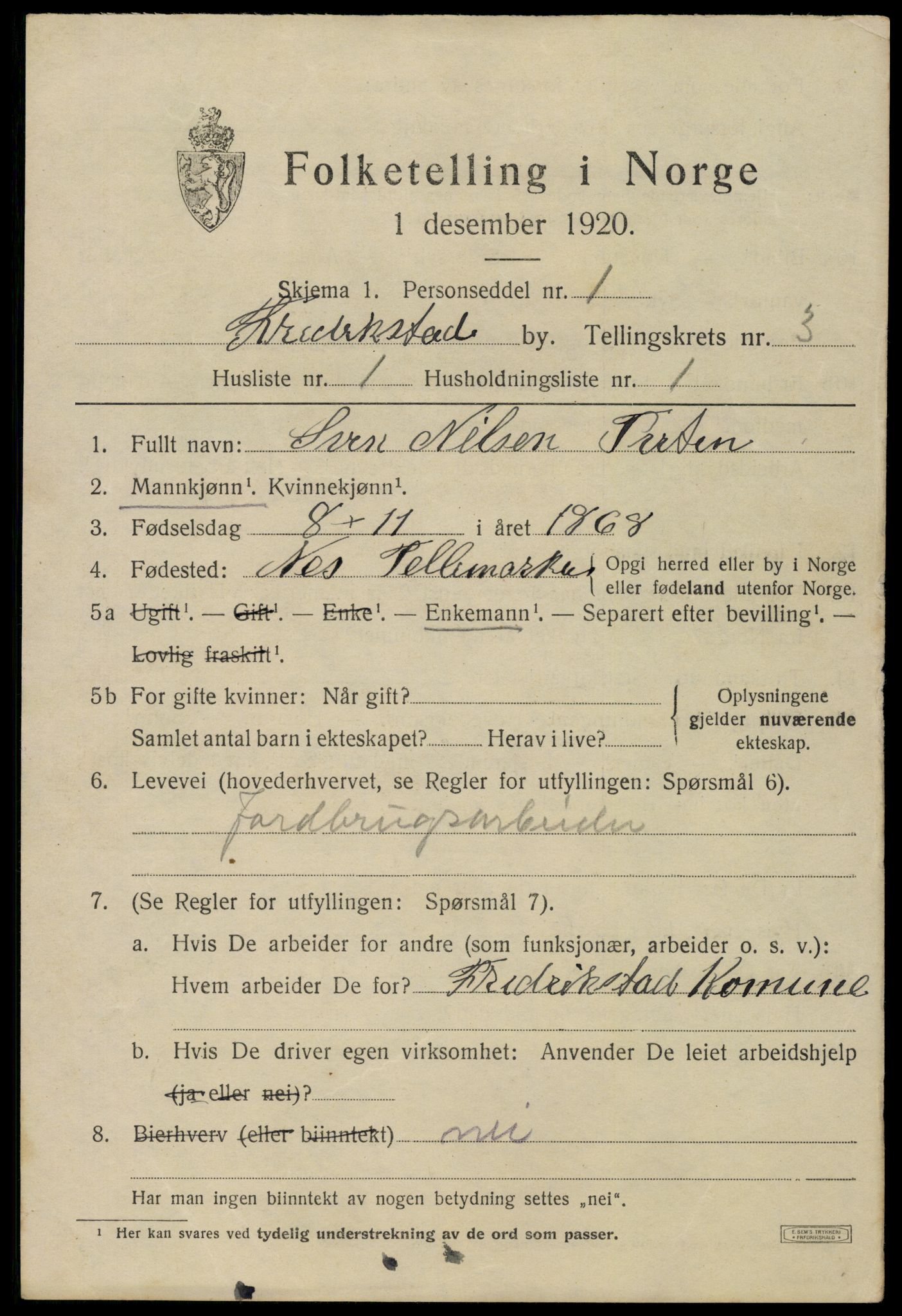 SAO, 1920 census for Fredrikstad, 1920, p. 14919