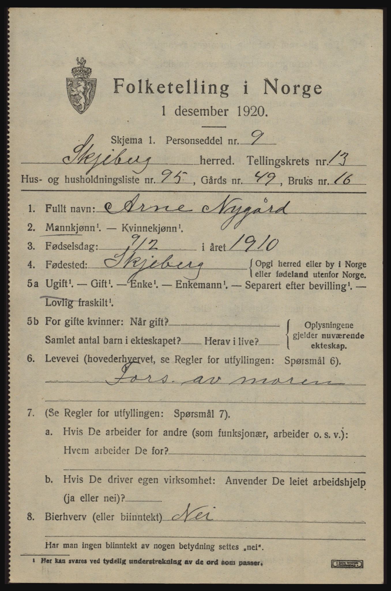 SAO, 1920 census for Skjeberg, 1920, p. 12977