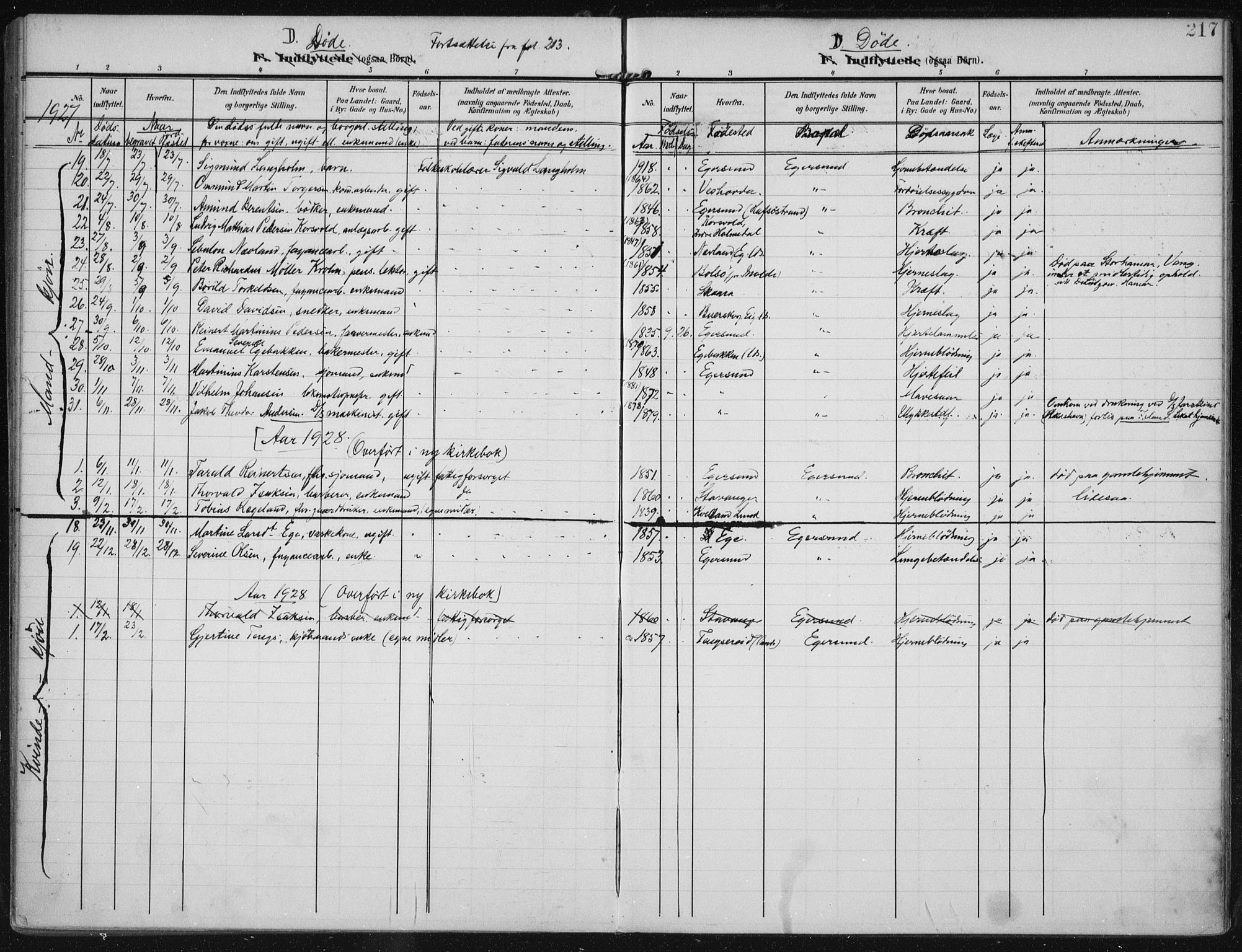 Eigersund sokneprestkontor, SAST/A-101807/S08/L0022: Parish register (official) no. A 21, 1905-1928, p. 217