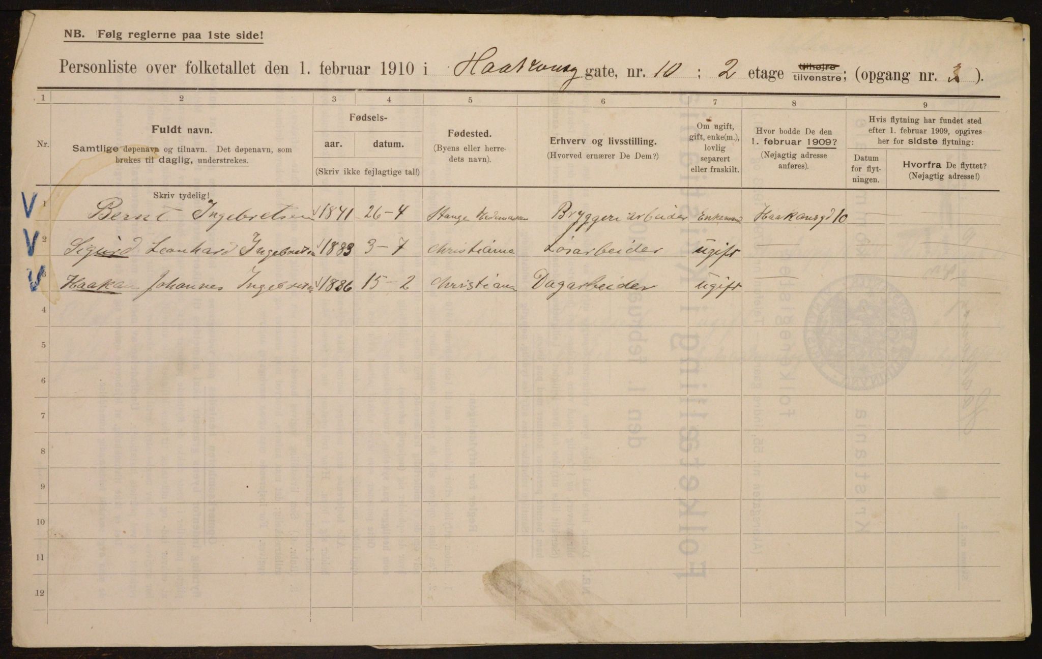 OBA, Municipal Census 1910 for Kristiania, 1910, p. 41847