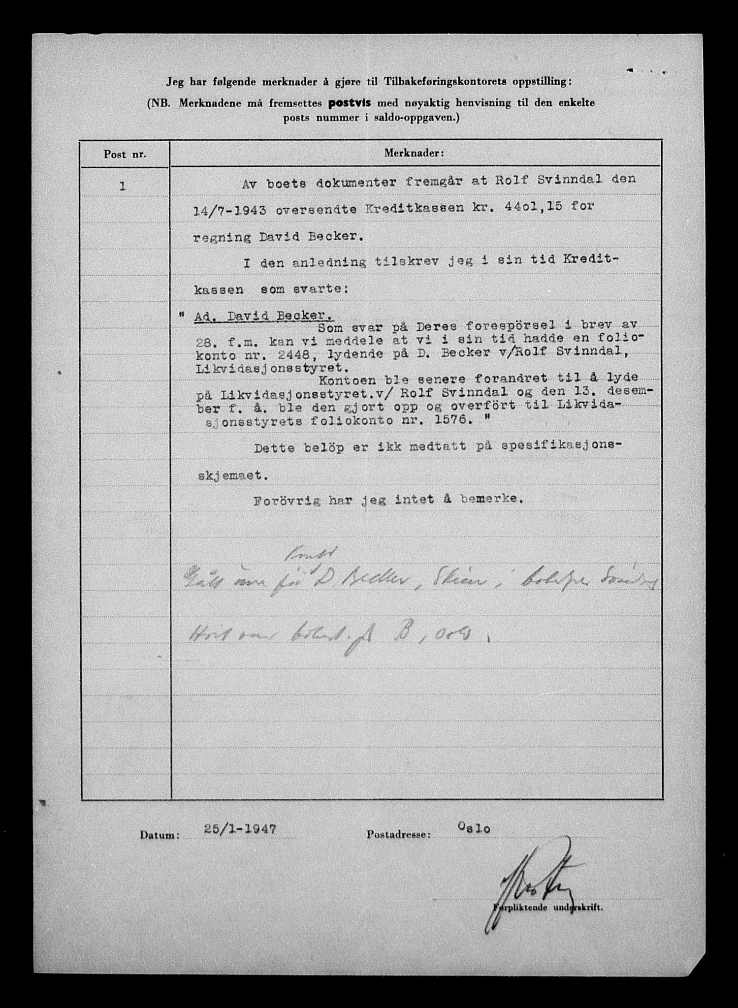 Justisdepartementet, Tilbakeføringskontoret for inndratte formuer, AV/RA-S-1564/H/Hc/Hcc/L0919: --, 1945-1947, p. 7