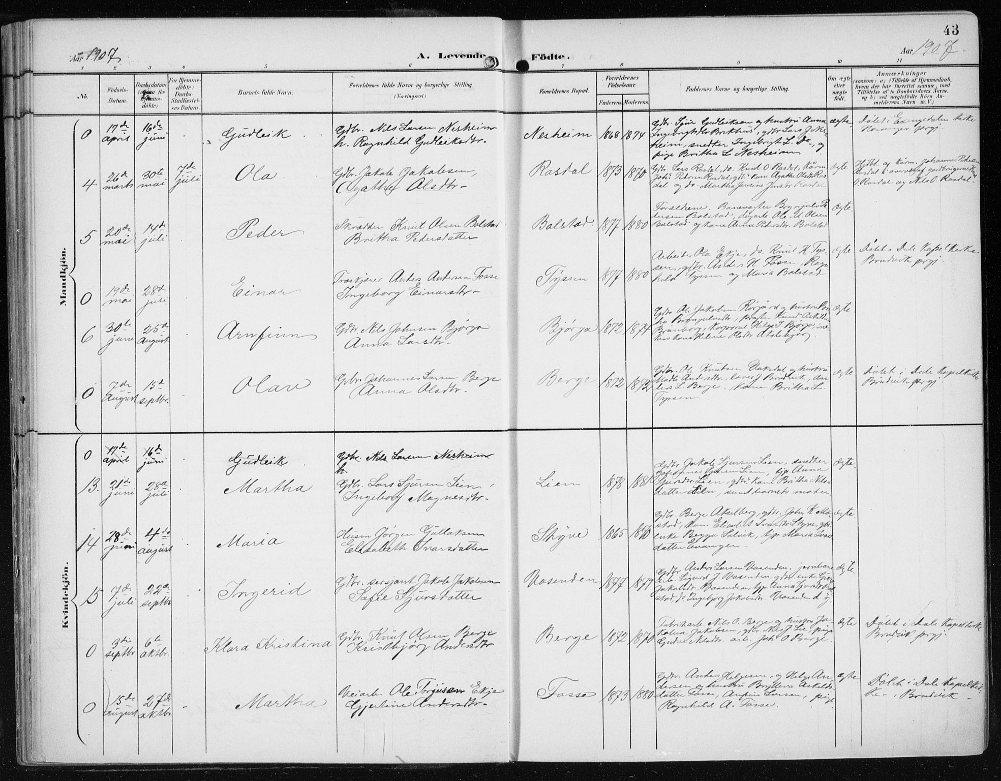 Evanger sokneprestembete, AV/SAB-A-99924: Parish register (official) no. A  3, 1900-1930, p. 43
