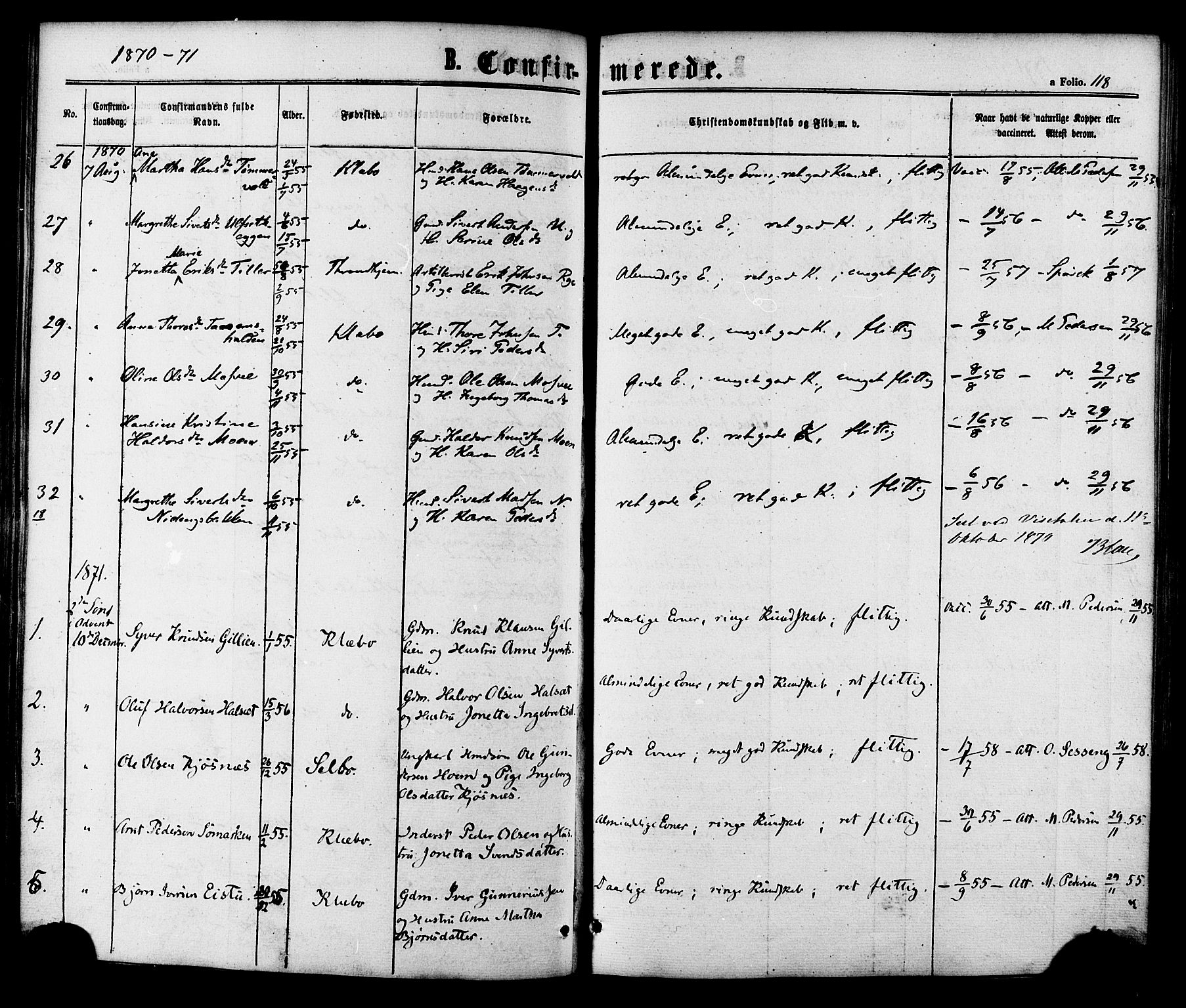 Ministerialprotokoller, klokkerbøker og fødselsregistre - Sør-Trøndelag, SAT/A-1456/618/L0442: Parish register (official) no. 618A06 /1, 1863-1879, p. 118