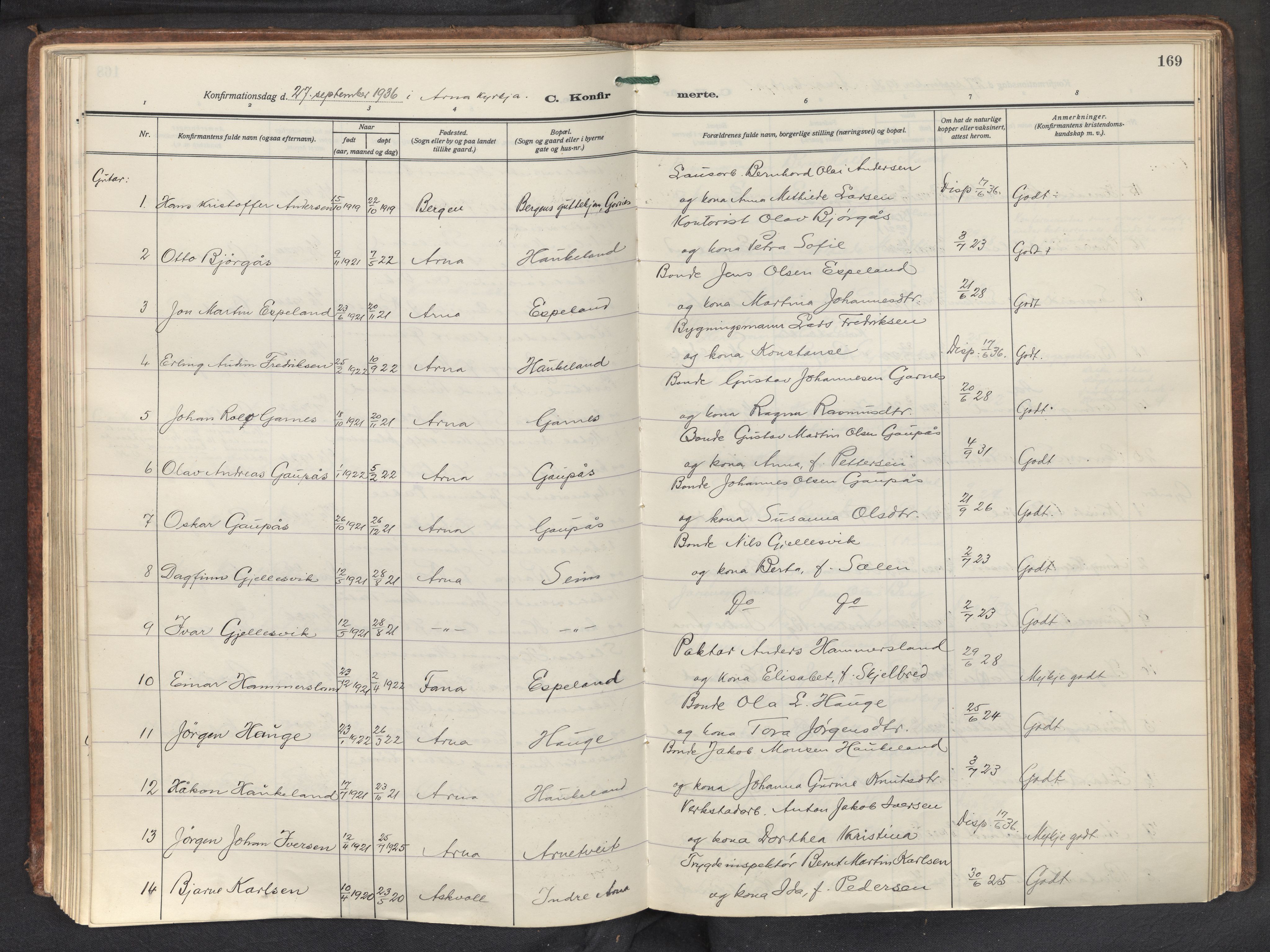 Haus sokneprestembete, AV/SAB-A-75601/H/Haa: Parish register (official) no. D 4, 1925-1939, p. 169