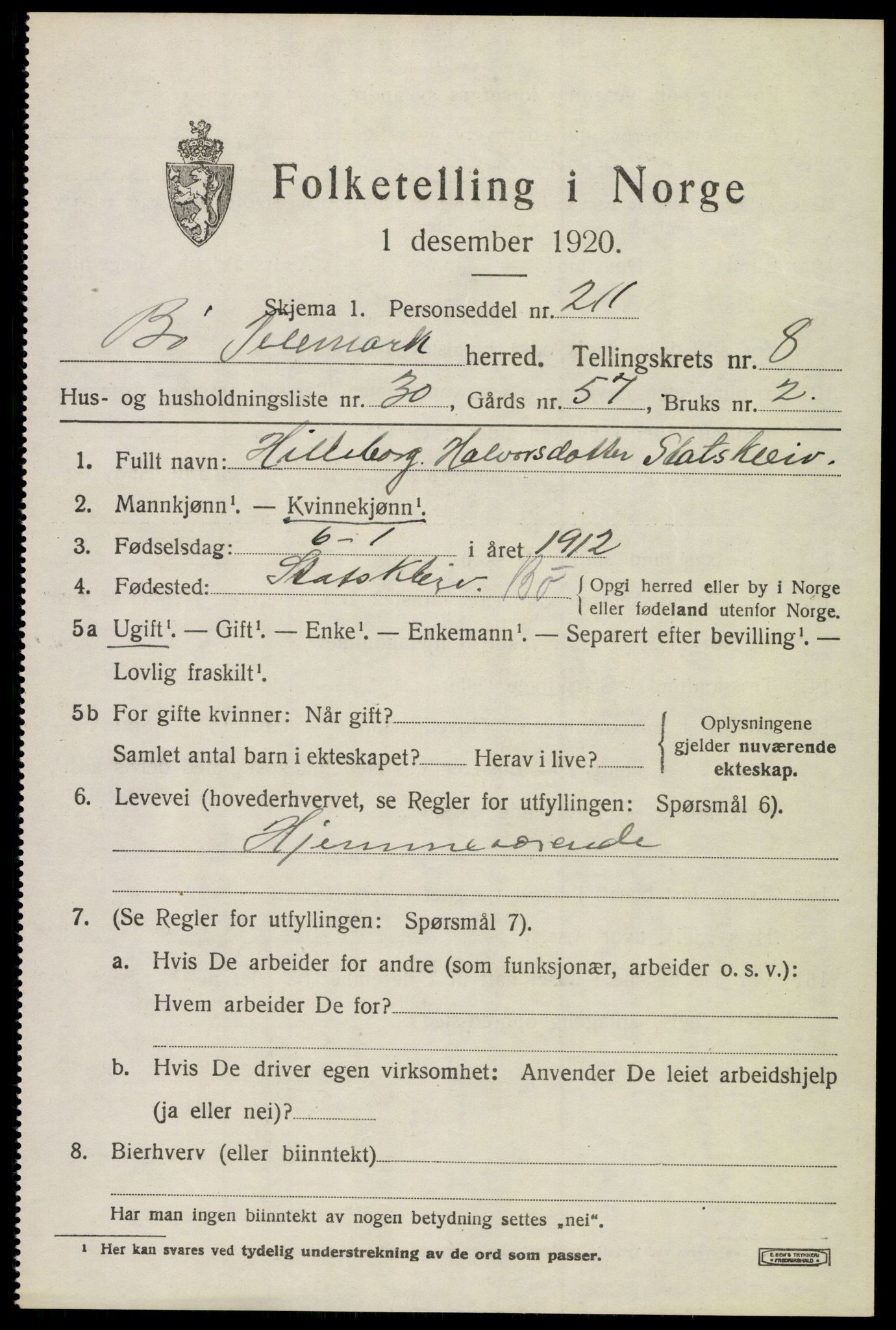 SAKO, 1920 census for Bø (Telemark), 1920, p. 6166