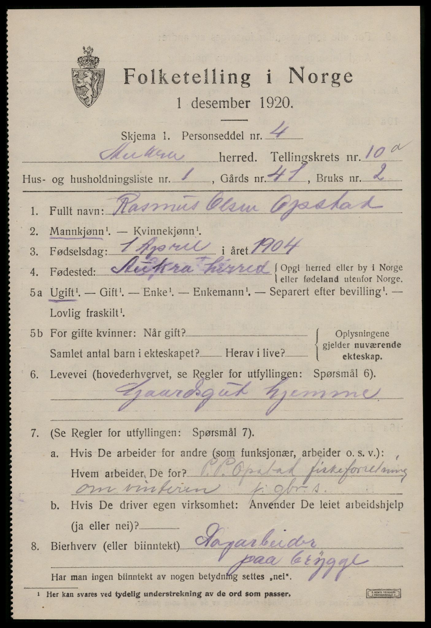 SAT, 1920 census for Aukra, 1920, p. 4845