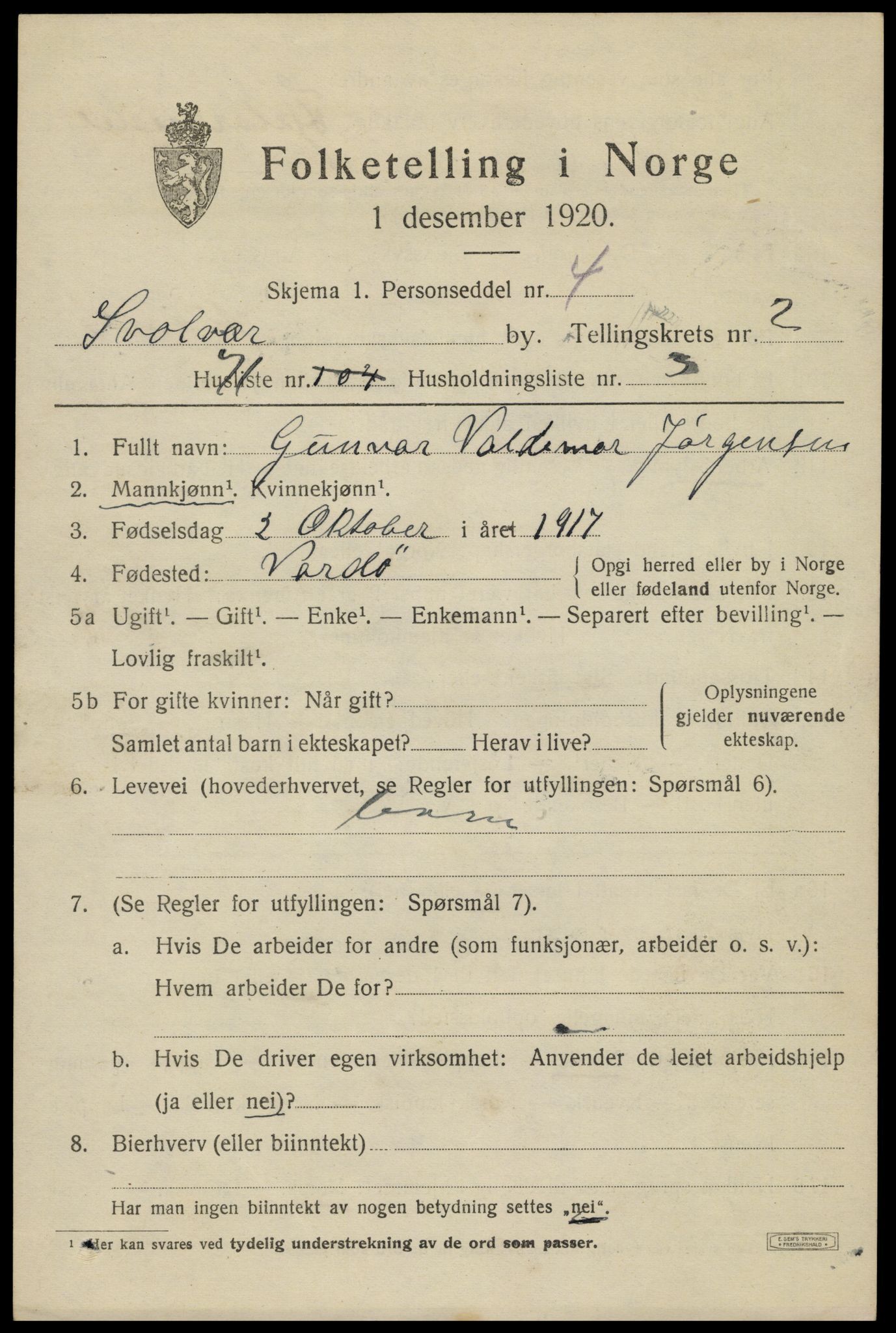 SAT, 1920 census for Svolvær, 1920, p. 3974