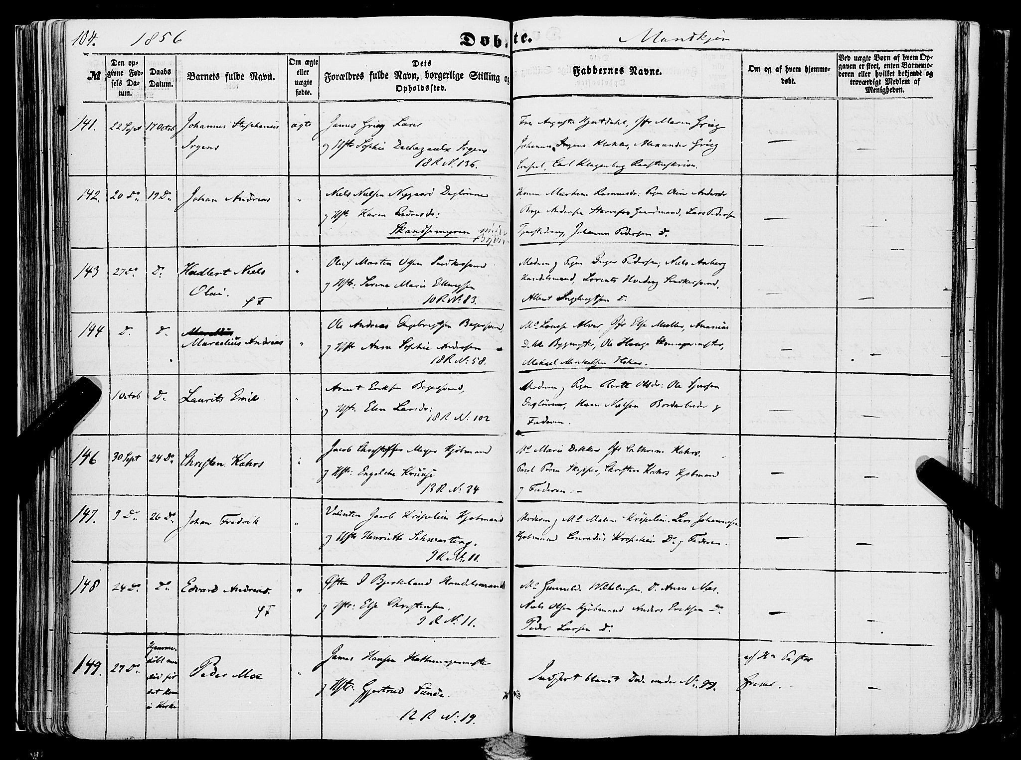 Domkirken sokneprestembete, SAB/A-74801/H/Haa/L0020: Parish register (official) no. B 3, 1851-1859, p. 104