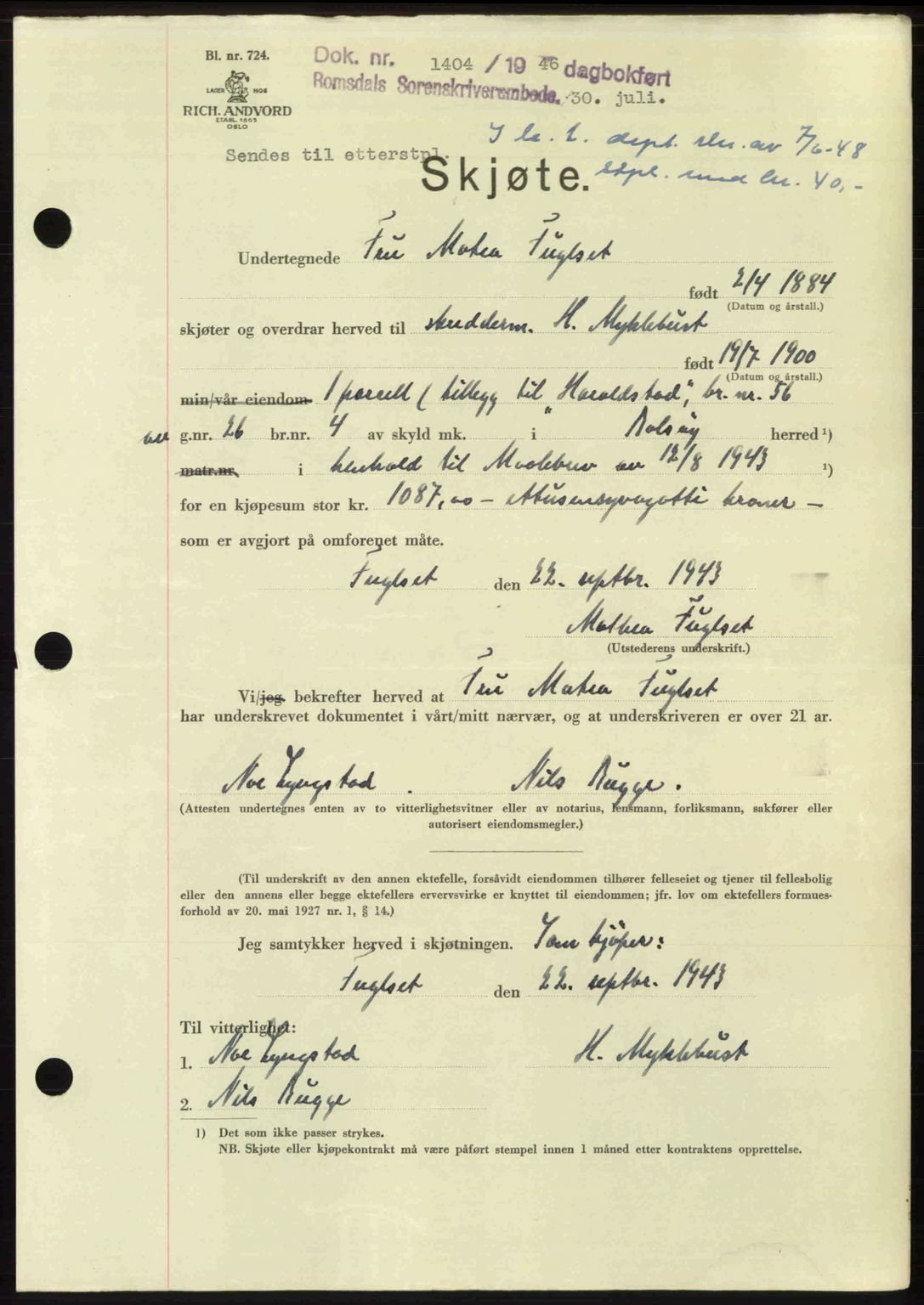 Romsdal sorenskriveri, AV/SAT-A-4149/1/2/2C: Mortgage book no. A20, 1946-1946, Diary no: : 1404/1946