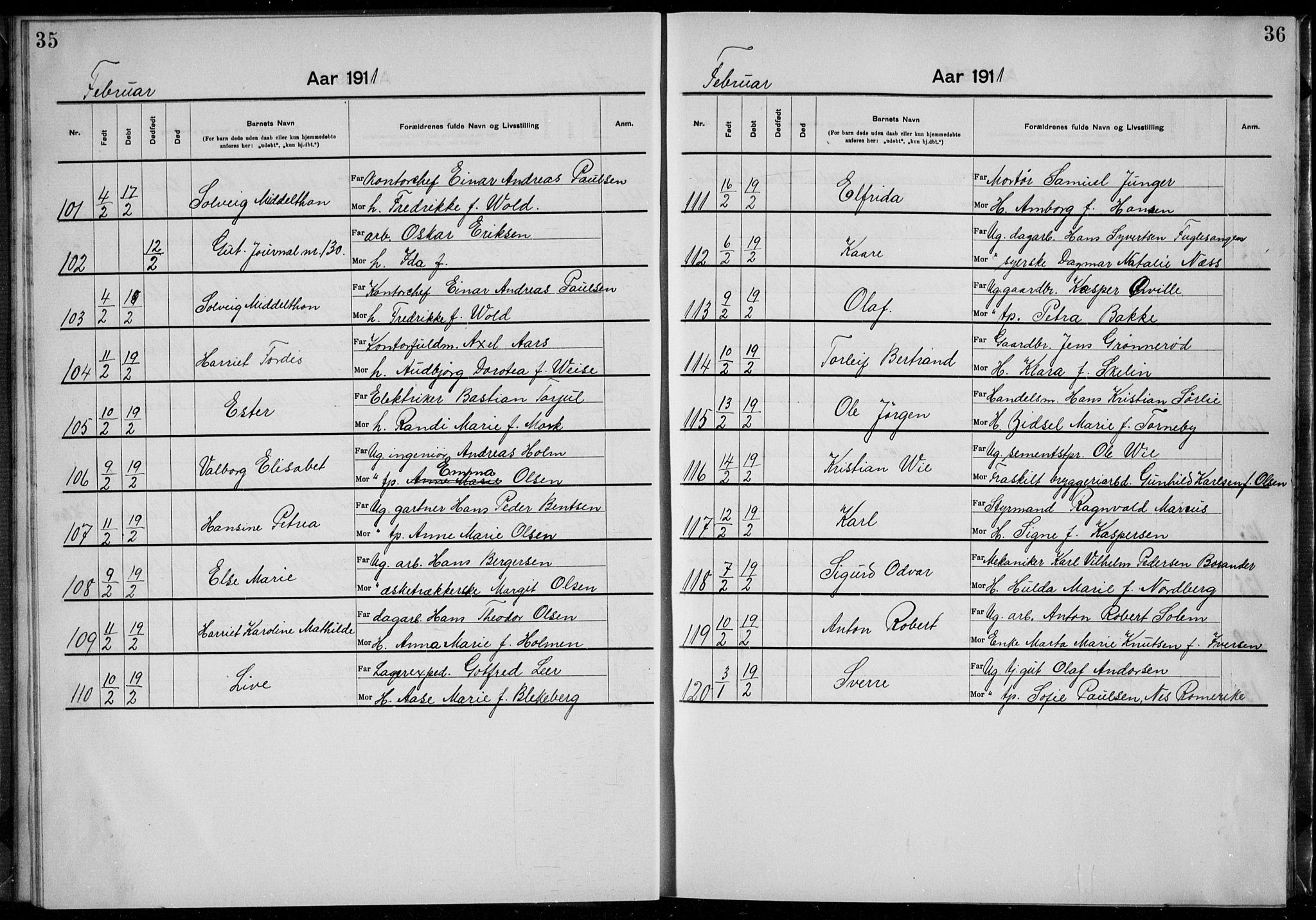 Rikshospitalet prestekontor Kirkebøker, AV/SAO-A-10309b/K/L0007/0001: Baptism register no. 7.1, 1910-1912, p. 35-36