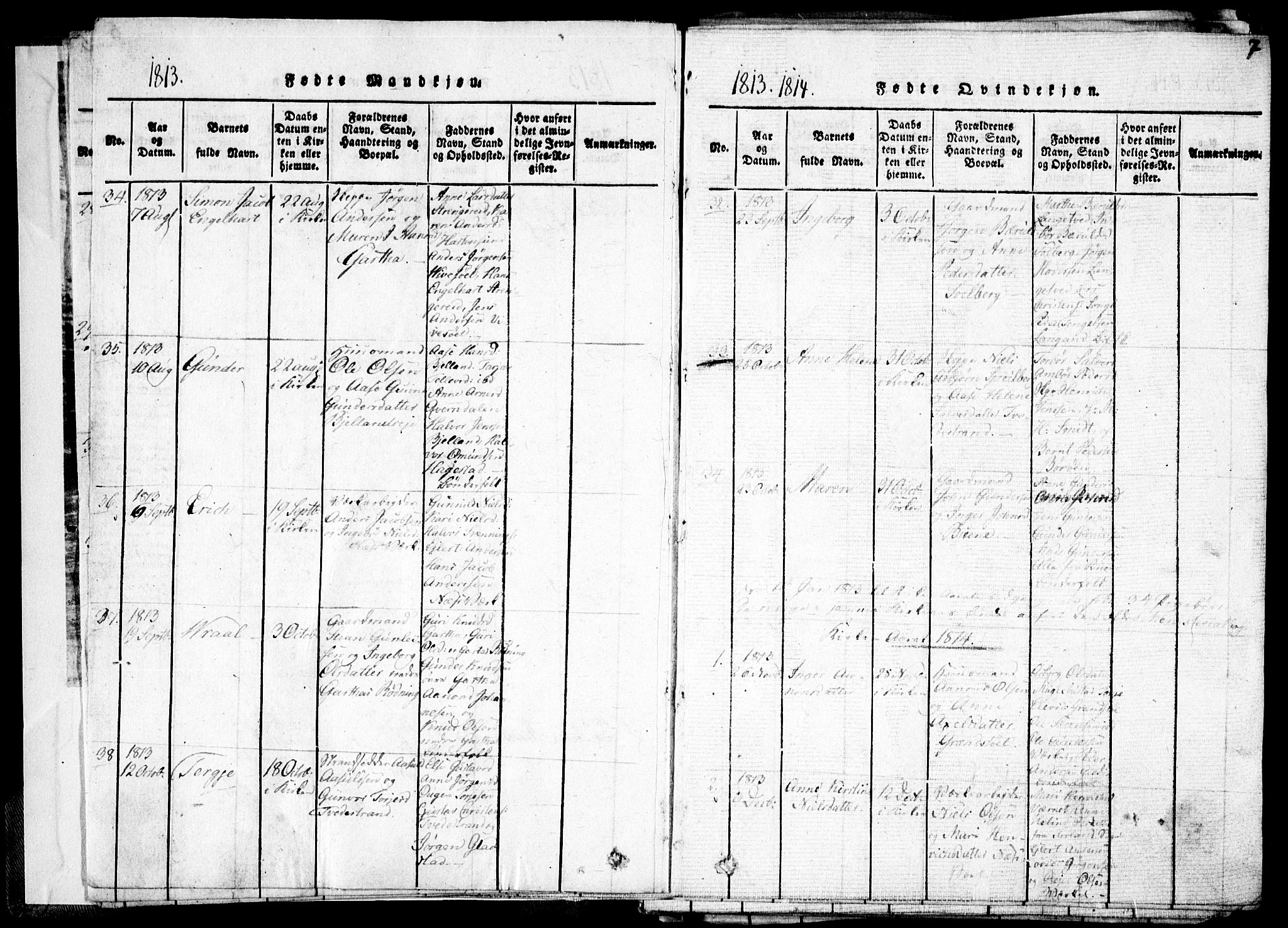 Holt sokneprestkontor, AV/SAK-1111-0021/F/Fa/L0005: Parish register (official) no. A 5, 1813-1821, p. 7