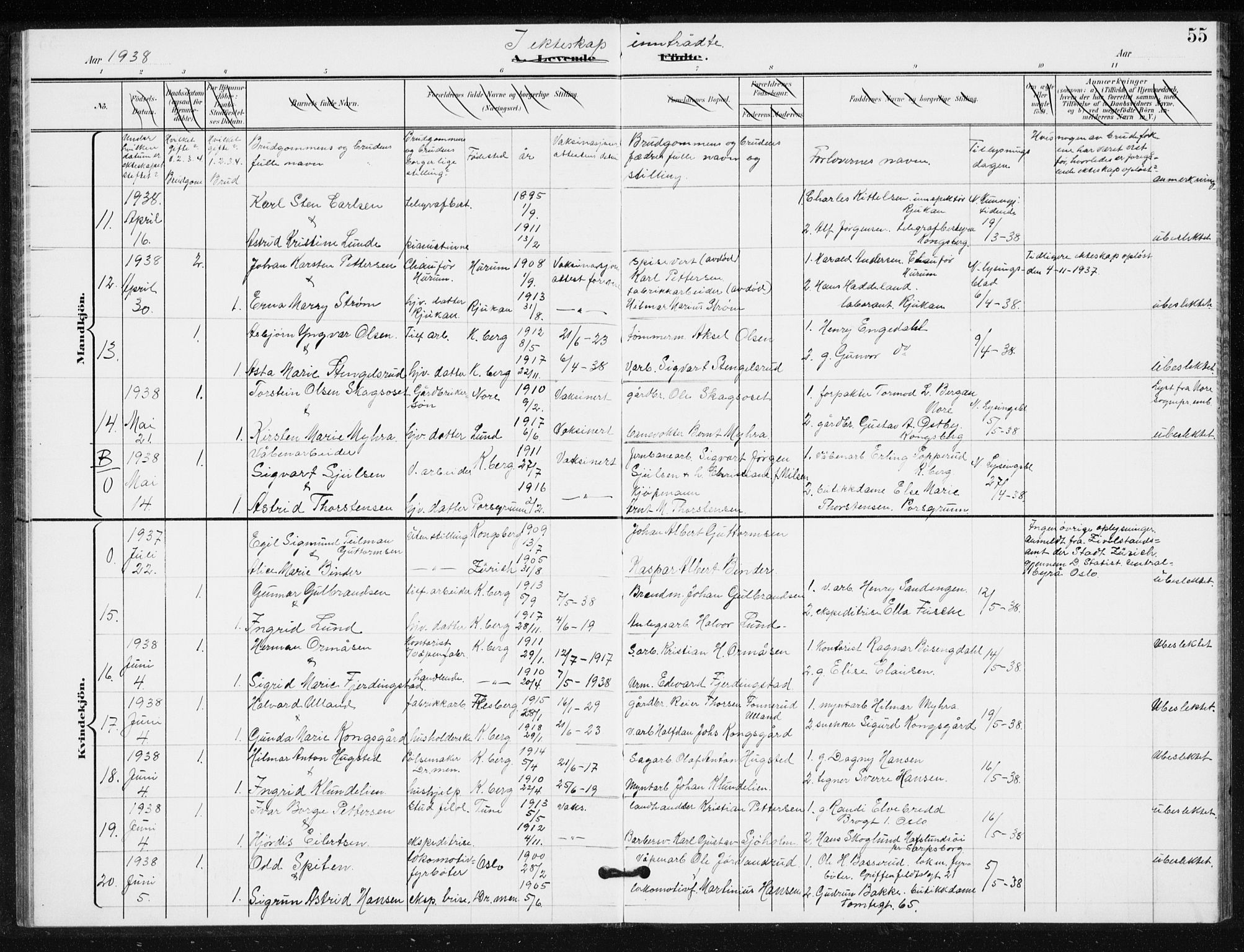 Kongsberg kirkebøker, AV/SAKO-A-22/G/Ga/L0009: Parish register (copy) no. 9, 1932-1938, p. 55