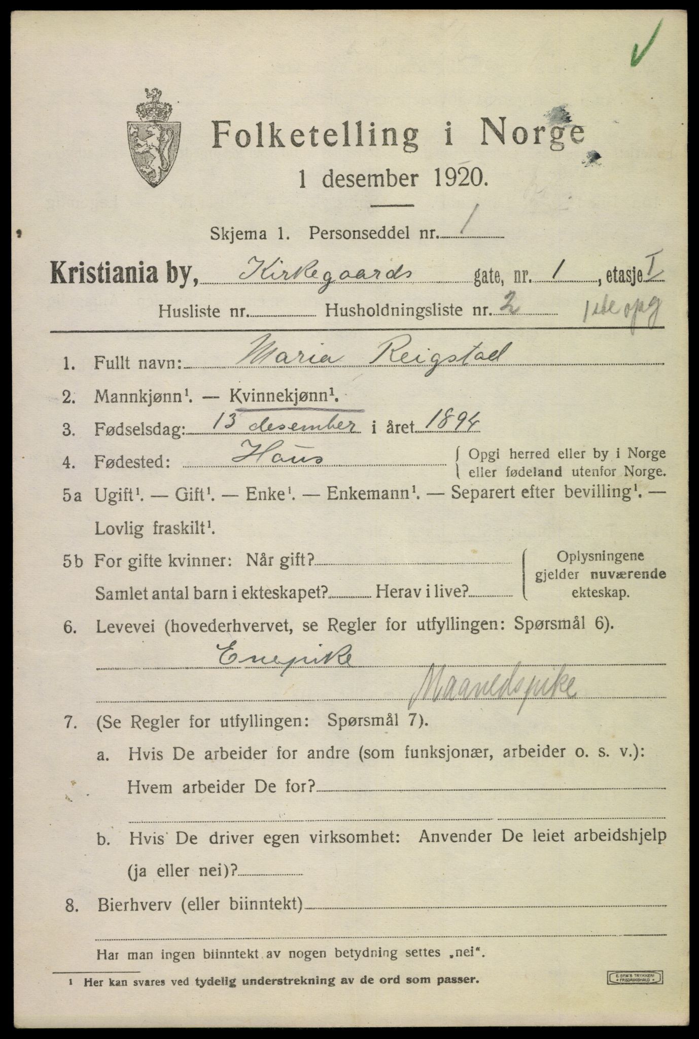 SAO, 1920 census for Kristiania, 1920, p. 333413