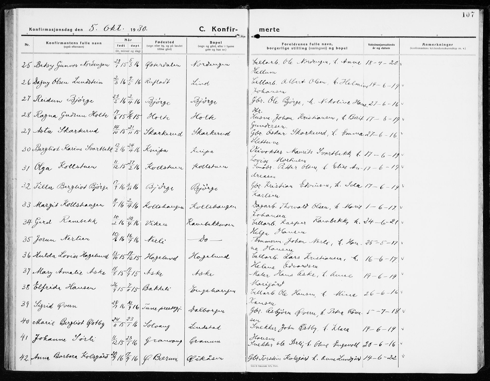 Vardal prestekontor, AV/SAH-PREST-100/H/Ha/Haa/L0018: Parish register (official) no. 18, 1930-1945, p. 107