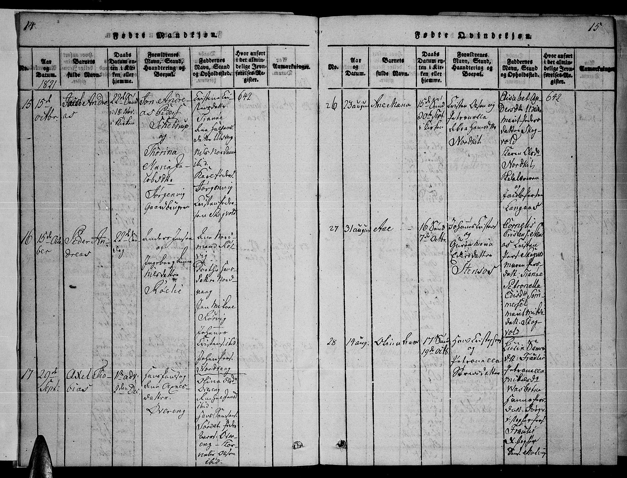 Ministerialprotokoller, klokkerbøker og fødselsregistre - Nordland, AV/SAT-A-1459/859/L0855: Parish register (copy) no. 859C01, 1821-1839, p. 14-15