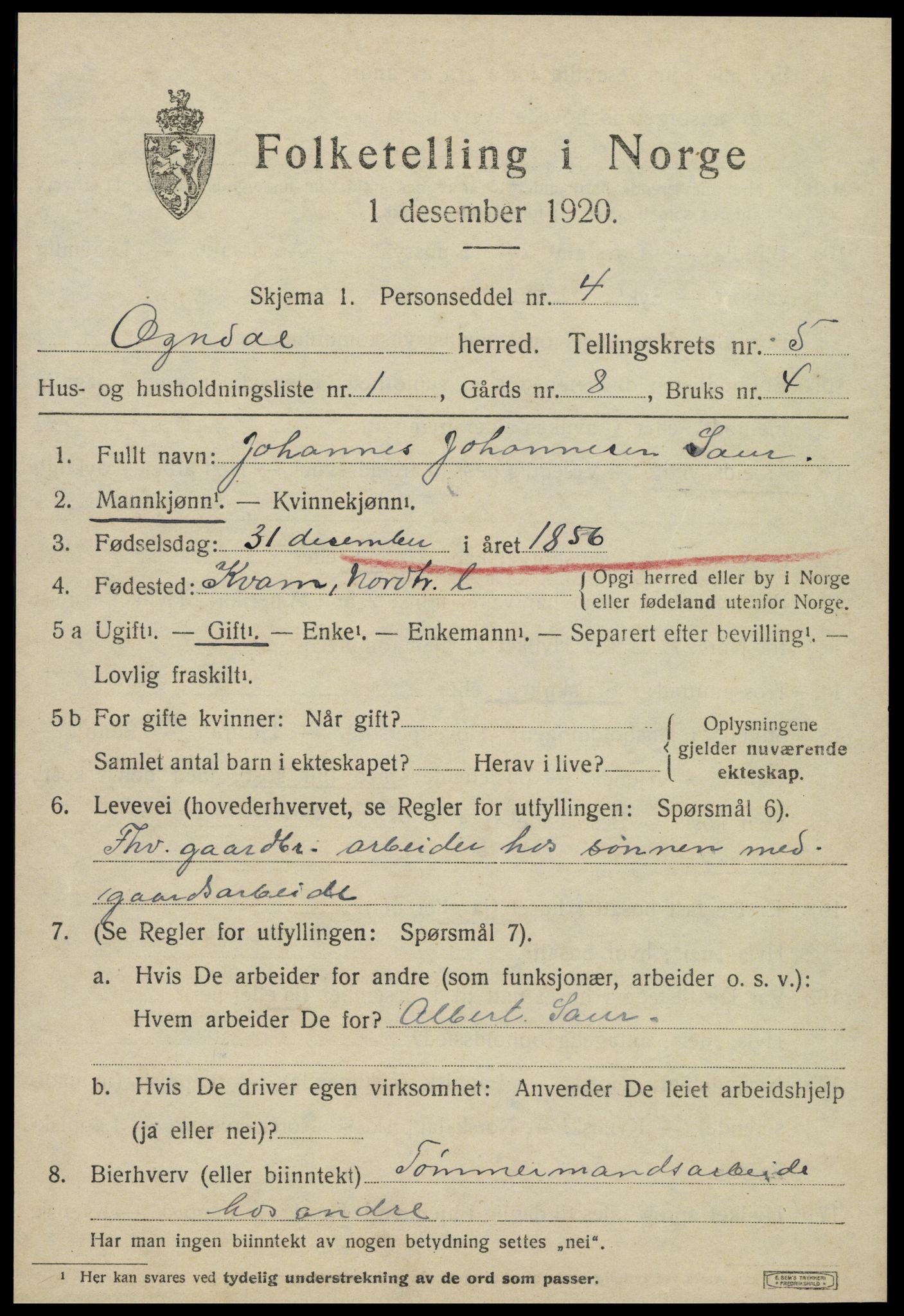 SAT, 1920 census for Ogndal, 1920, p. 1951