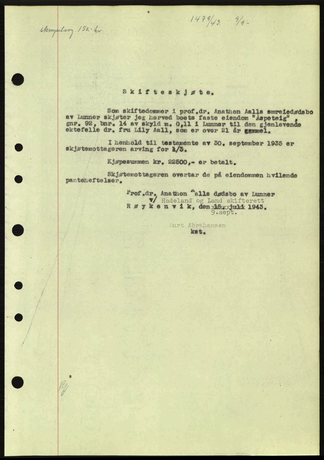 Hadeland og Land tingrett, AV/SAH-TING-010/H/Hb/Hbb/L0085: Mortgage book no. A85, 1943-1943, Diary no: : 1479/1943