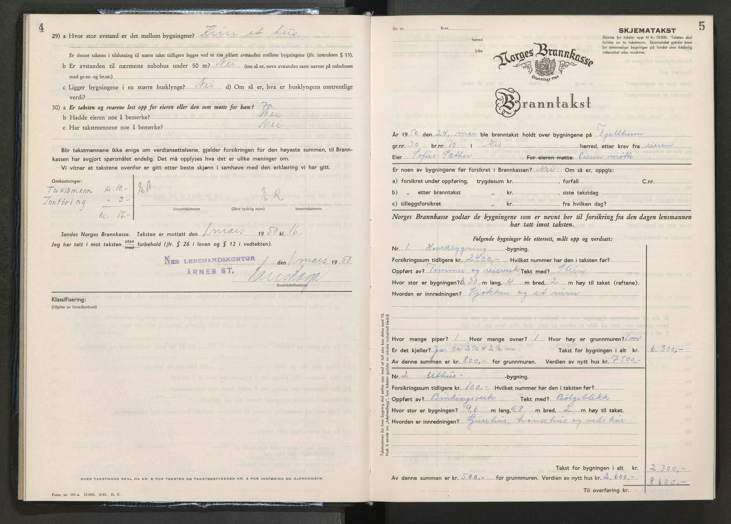Norges brannkasse, branntakster Nes, AV/SAO-A-11392/F/Fb/L0004: Branntakstprotokoll, 1950-1955