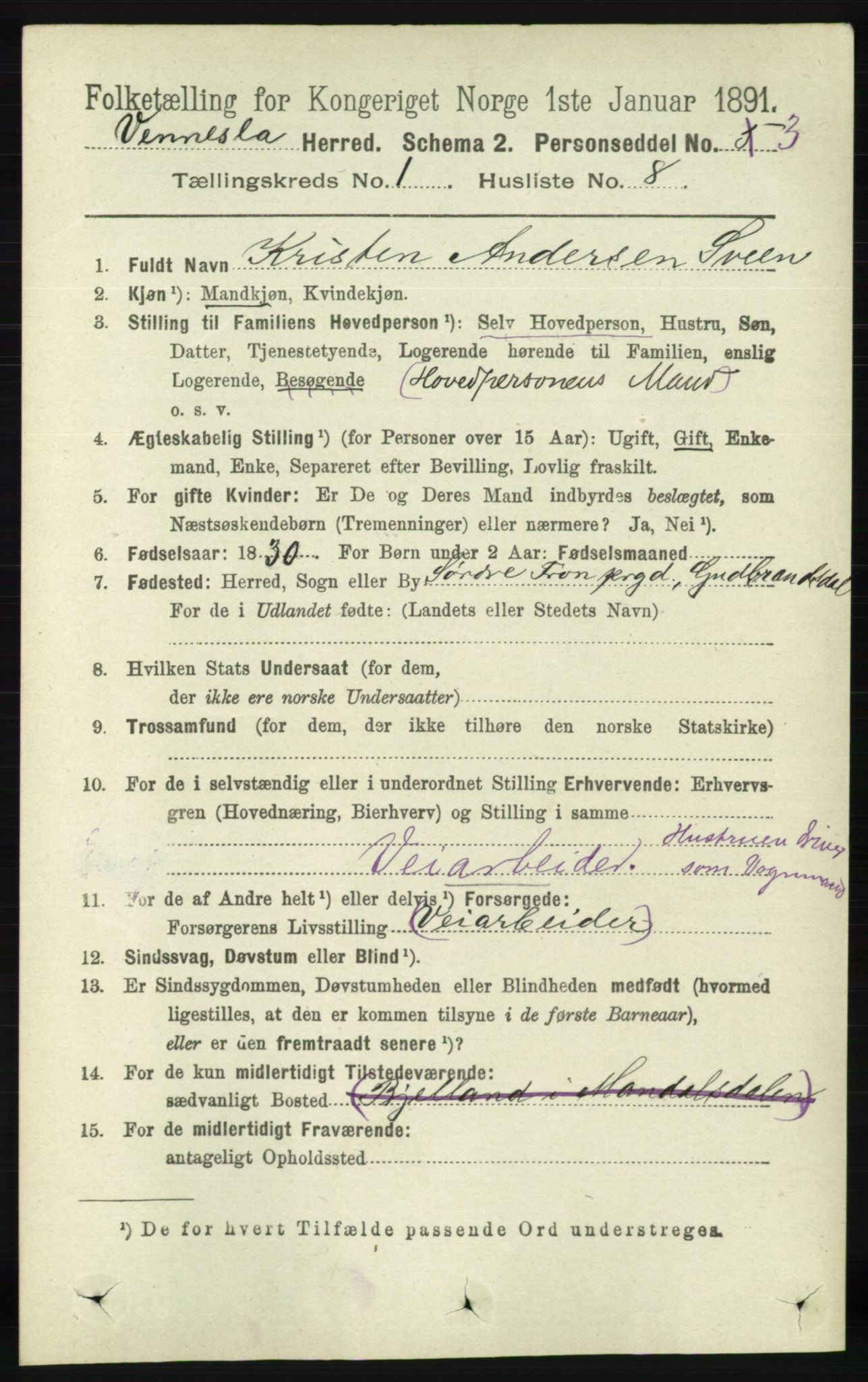 RA, 1891 census for 1014 Vennesla, 1891, p. 109