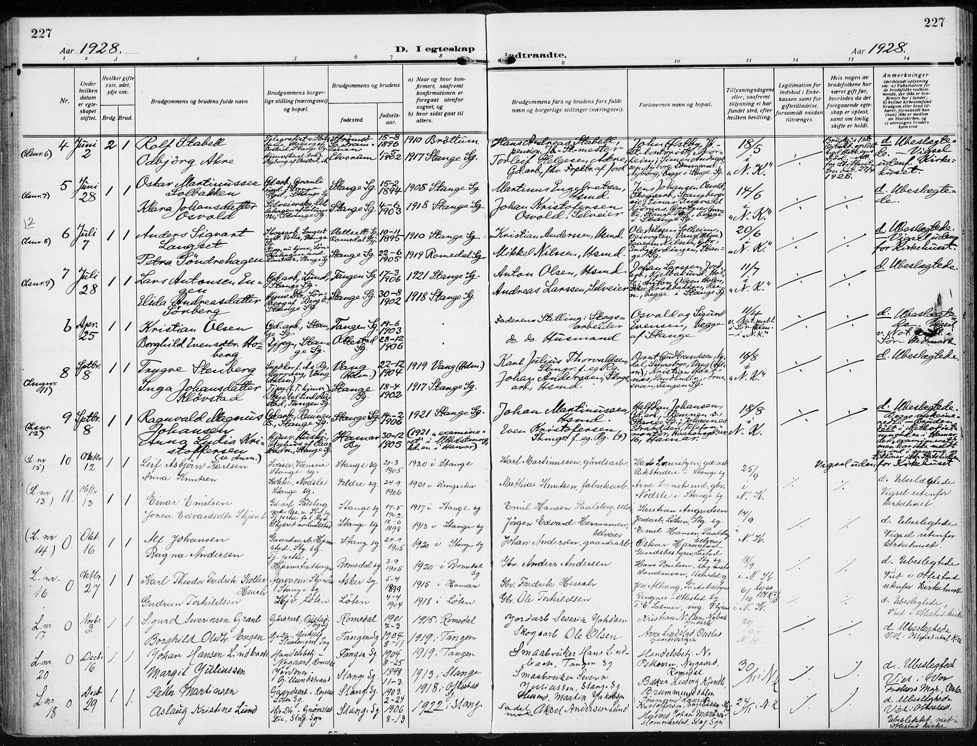 Stange prestekontor, AV/SAH-PREST-002/K/L0026: Parish register (official) no. 26, 1923-1937, p. 227