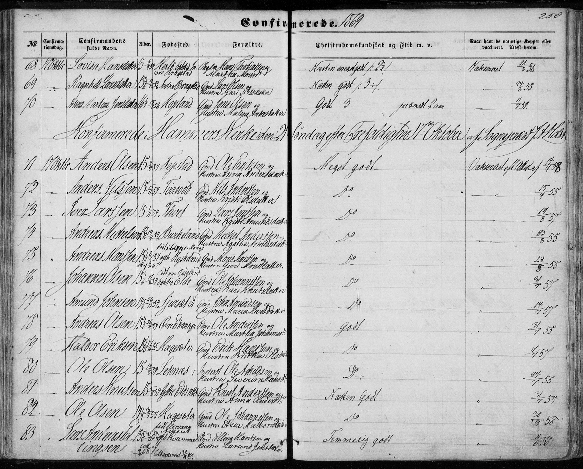 Hamre sokneprestembete, AV/SAB-A-75501/H/Ha/Haa/Haaa/L0014: Parish register (official) no. A 14, 1858-1872, p. 258