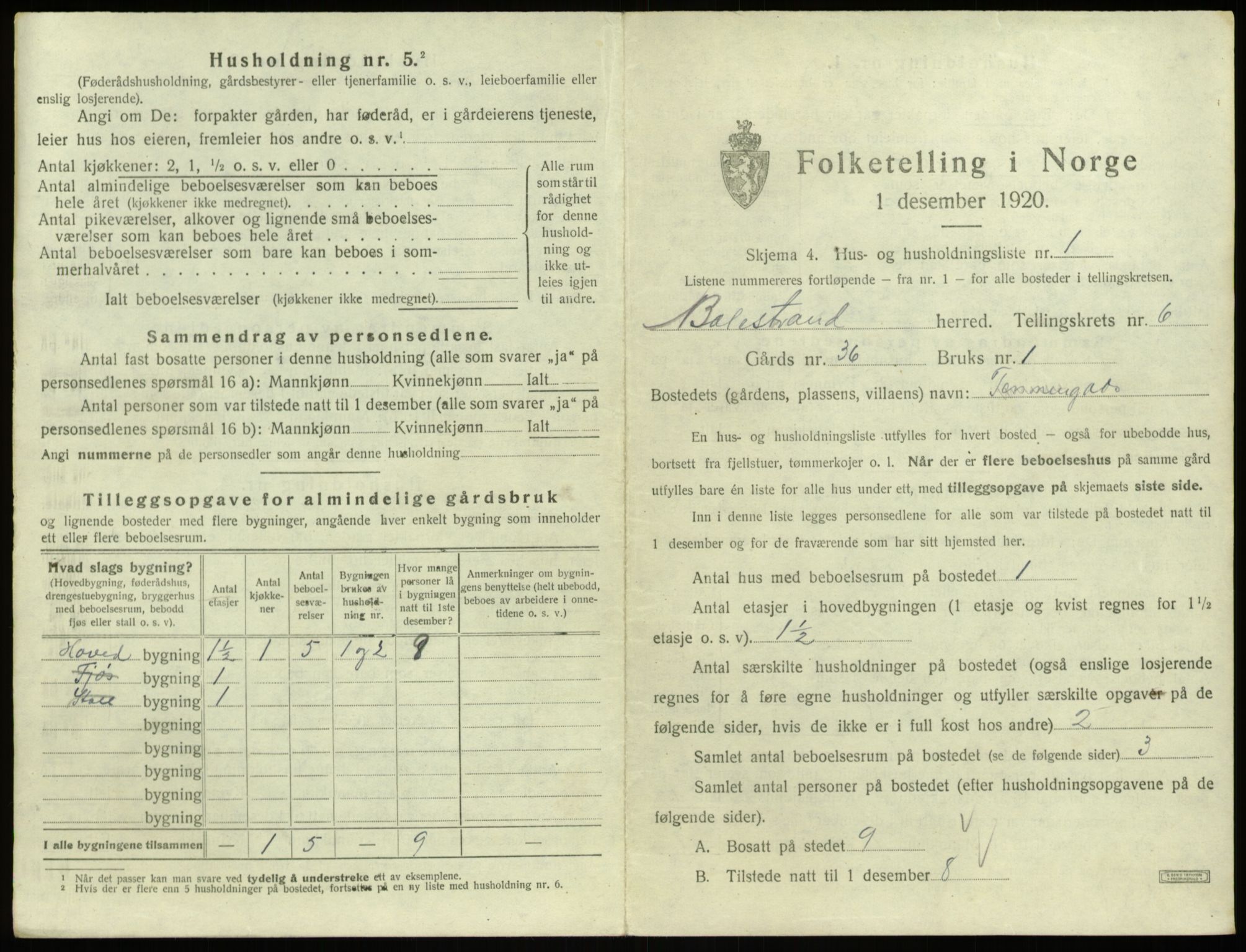 SAB, 1920 census for Balestrand, 1920, p. 398
