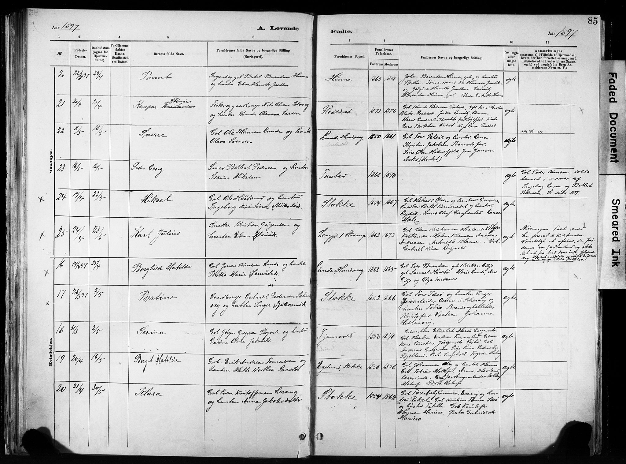 Hetland sokneprestkontor, SAST/A-101826/30/30BA/L0011: Parish register (official) no. A 11, 1884-1911, p. 85