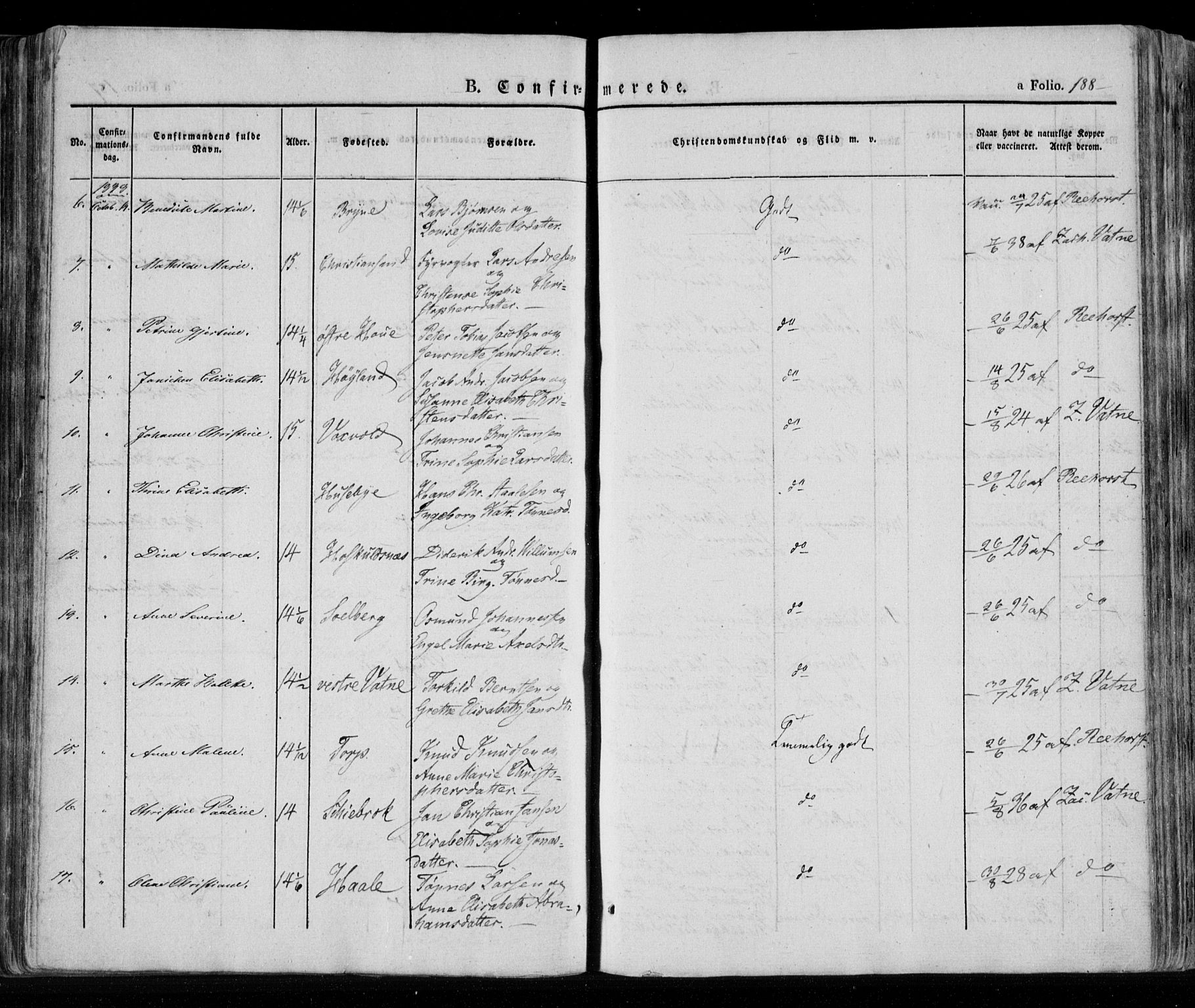 Lista sokneprestkontor, AV/SAK-1111-0027/F/Fa/L0009: Parish register (official) no. A 9, 1835-1846, p. 188