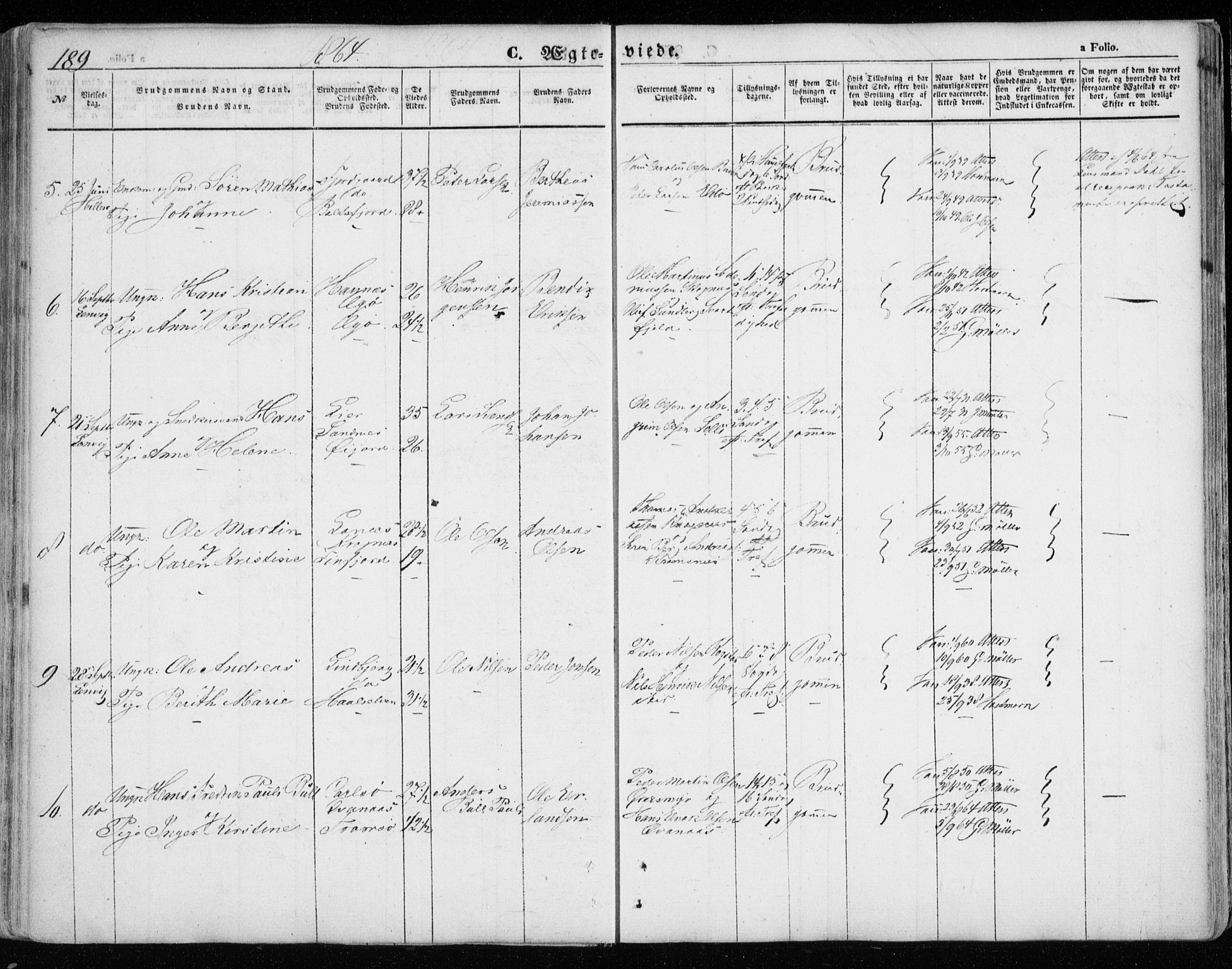 Lenvik sokneprestembete, SATØ/S-1310/H/Ha/Haa/L0007kirke: Parish register (official) no. 7, 1855-1865, p. 189