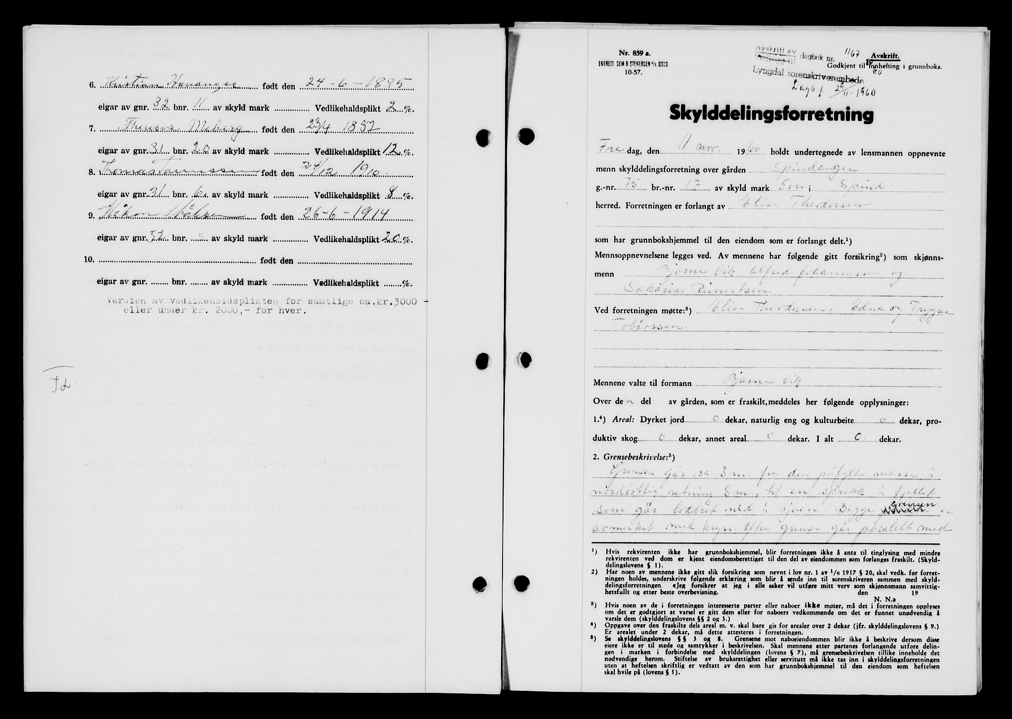 Lyngdal sorenskriveri, AV/SAK-1221-0004/G/Gb/L0680: Mortgage book no. A XXVI, 1960-1960, Diary no: : 1167/1960