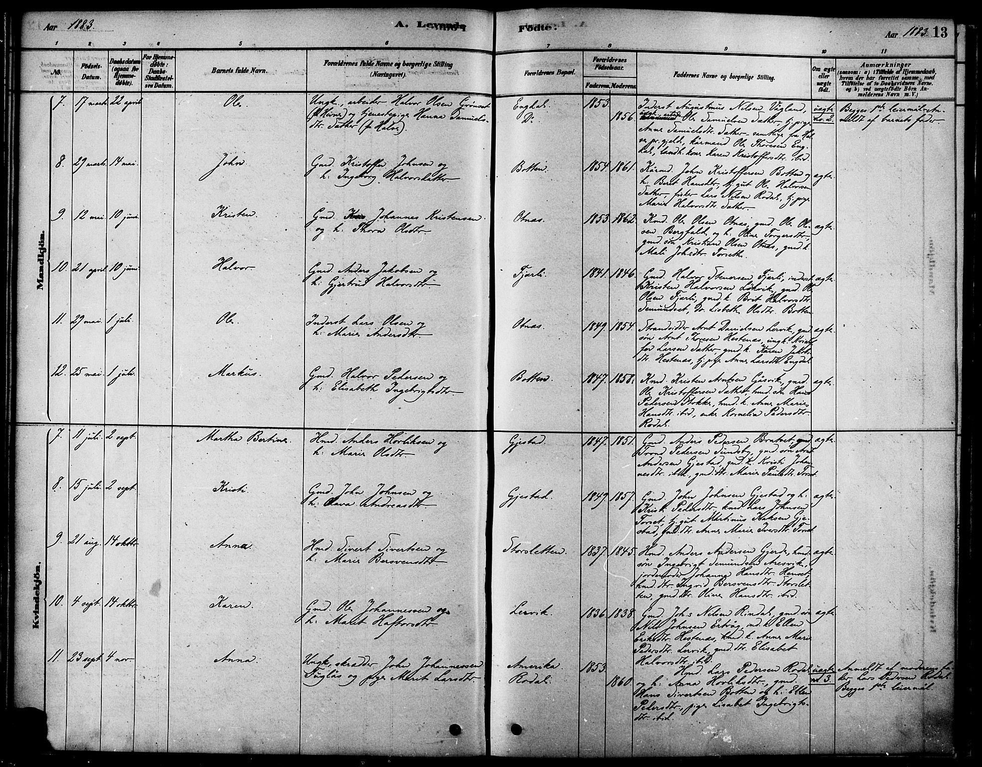 Ministerialprotokoller, klokkerbøker og fødselsregistre - Møre og Romsdal, AV/SAT-A-1454/580/L0924: Parish register (official) no. 580A01, 1878-1887, p. 13