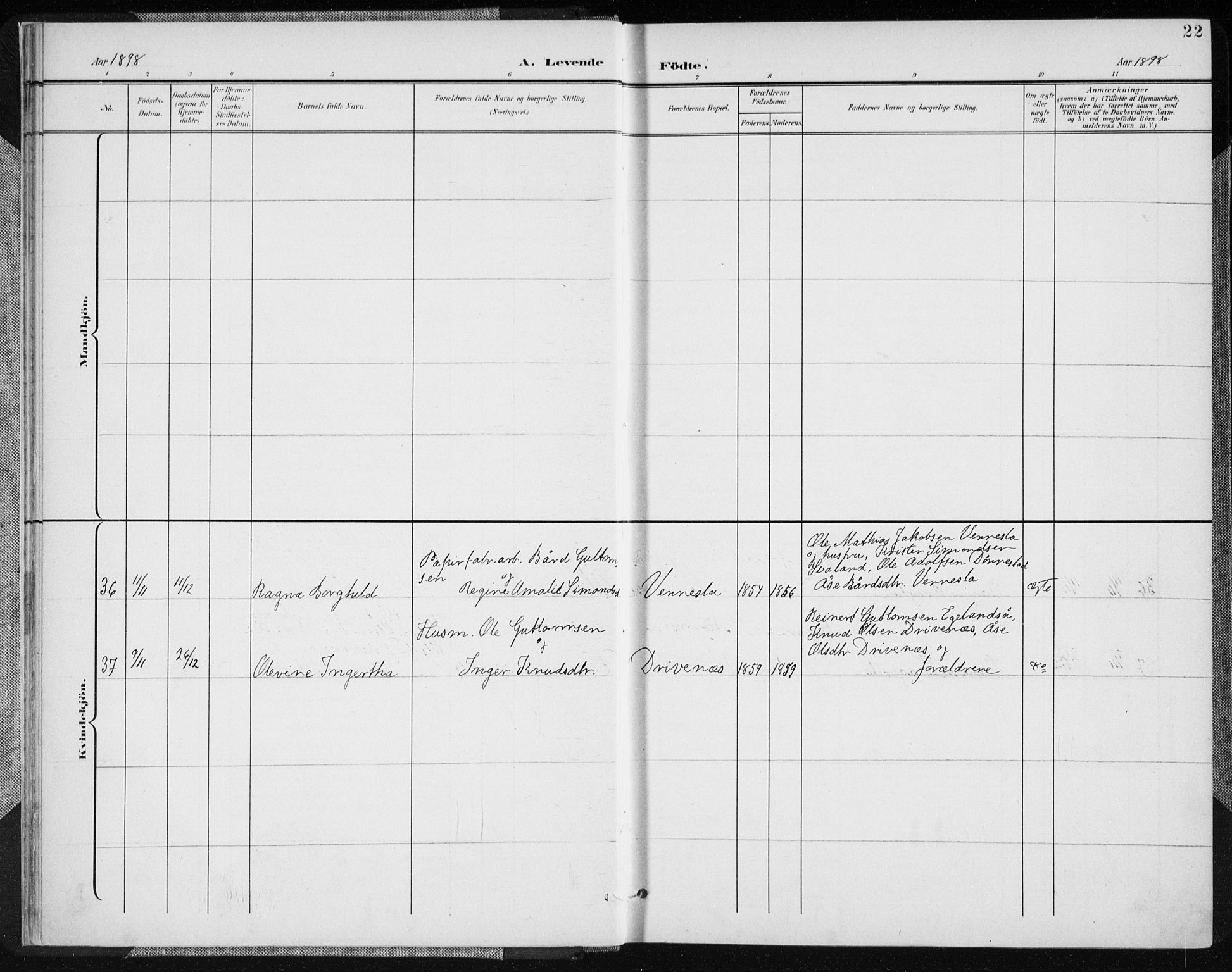 Vennesla sokneprestkontor, AV/SAK-1111-0045/Fa/Fab/L0005: Parish register (official) no. A 5, 1897-1909, p. 22